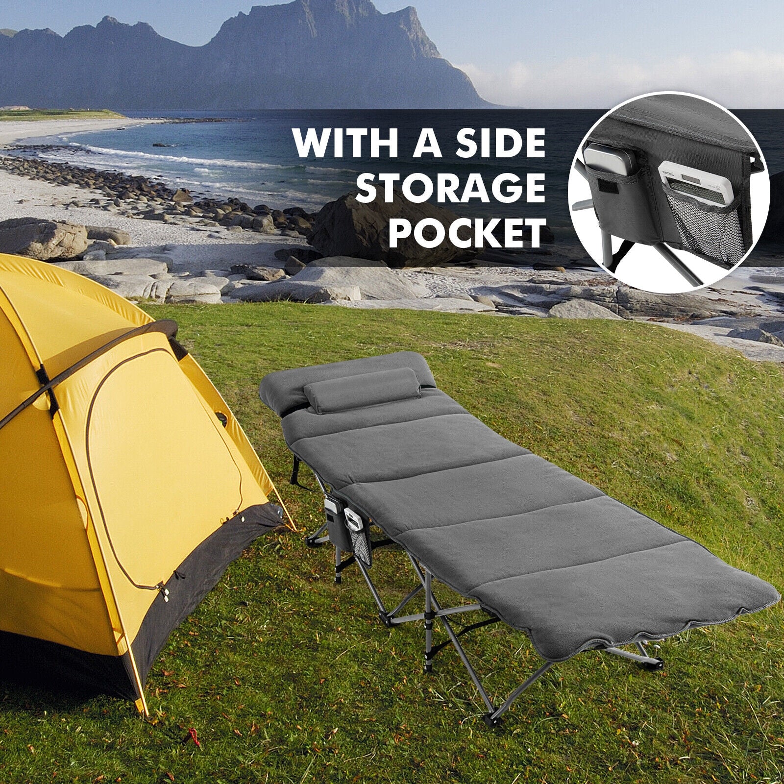 Folding Retractable Camping Cot With Mattress, Carry Bag, Gray Camping Furniture at Gallery Canada