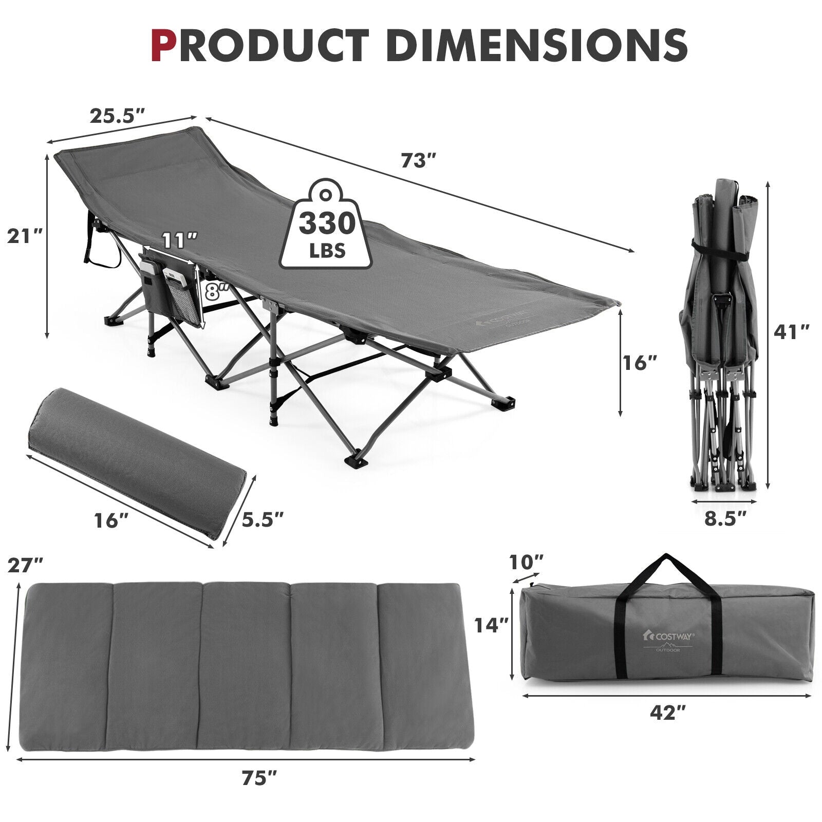 Folding Retractable Camping Cot With Mattress, Carry Bag, Gray Camping Furniture at Gallery Canada