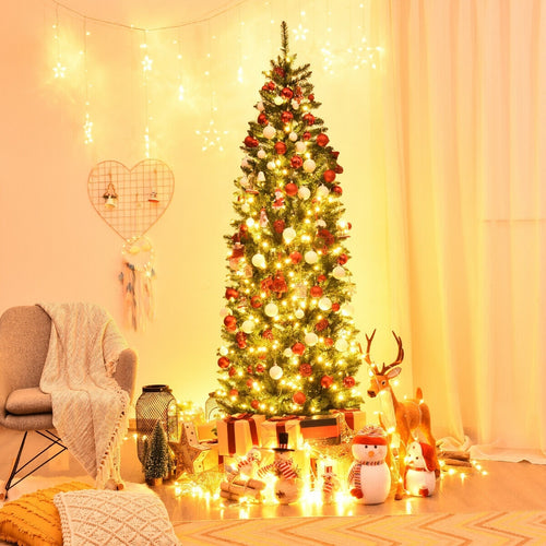 7 Ft PVC Hinged Pre-lit Artificial Fir Pencil Christmas Tree, Green