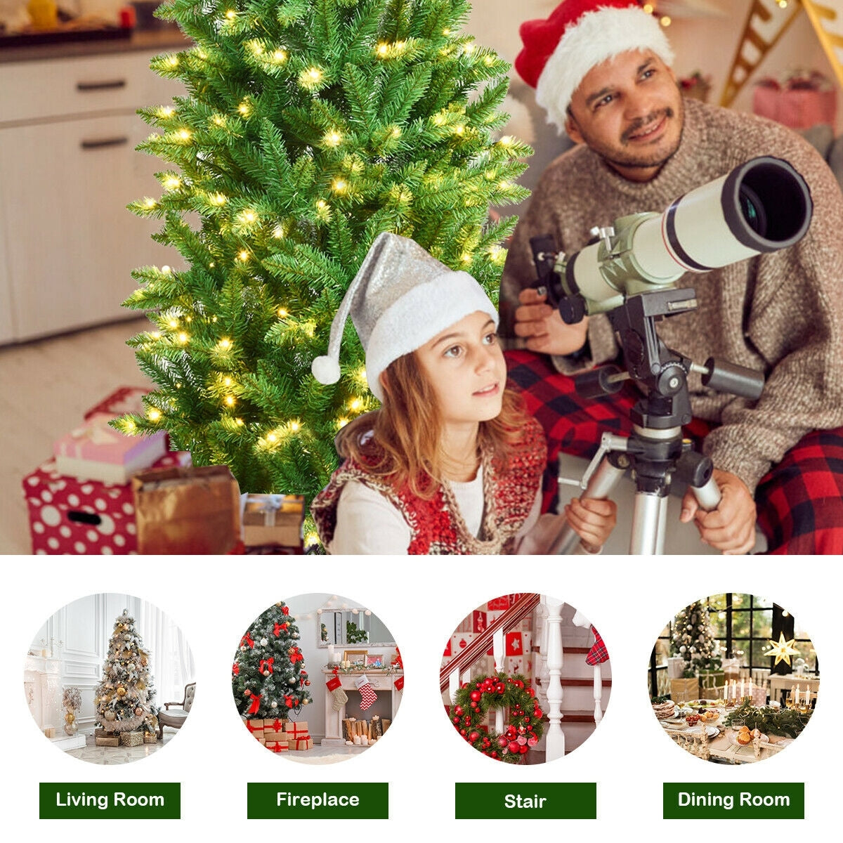 7 Ft PVC Hinged Pre-lit Artificial Fir Pencil Christmas Tree, Green Christmas Tree at Gallery Canada