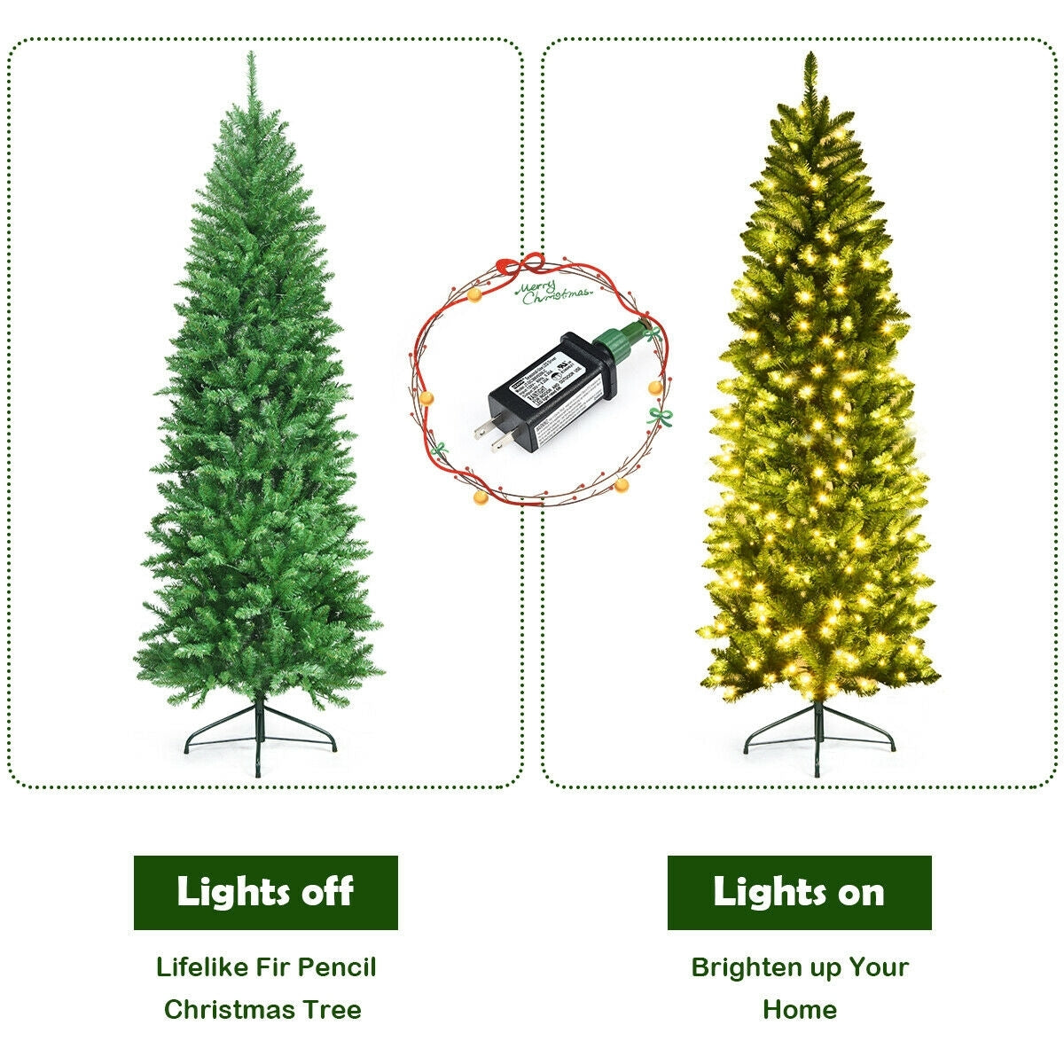 7 Ft PVC Hinged Pre-lit Artificial Fir Pencil Christmas Tree, Green Christmas Tree at Gallery Canada
