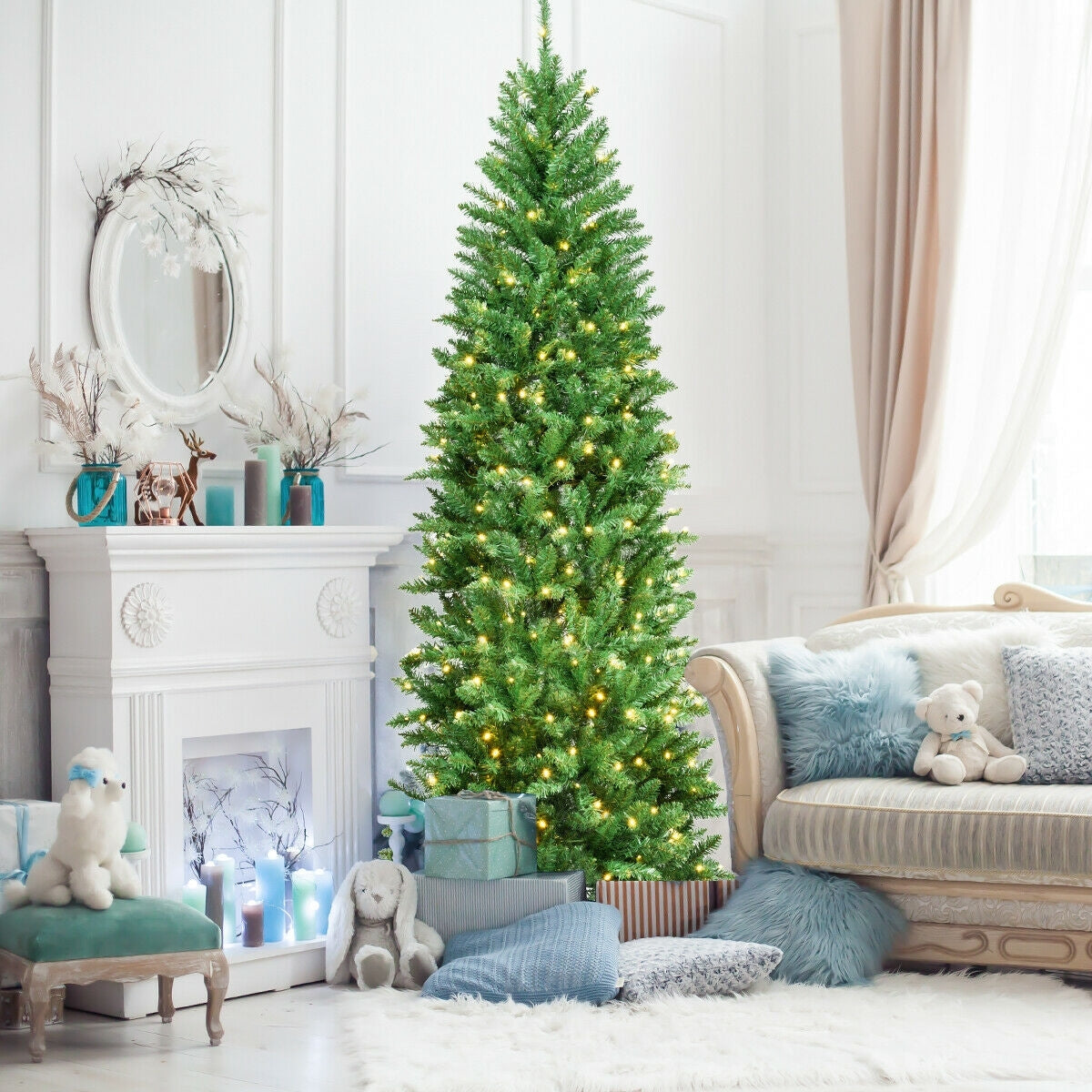7 Ft PVC Hinged Pre-lit Artificial Fir Pencil Christmas Tree, Green Christmas Tree at Gallery Canada
