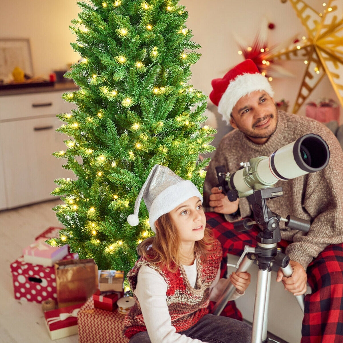 7 Ft PVC Hinged Pre-lit Artificial Fir Pencil Christmas Tree, Green Christmas Tree at Gallery Canada