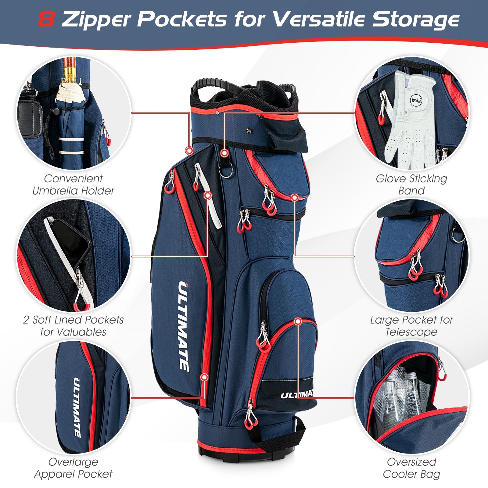 9.5 Inch Golf Cart Bag, 14 Way Dividers, Top Organizer, Navy Golf at Gallery Canada