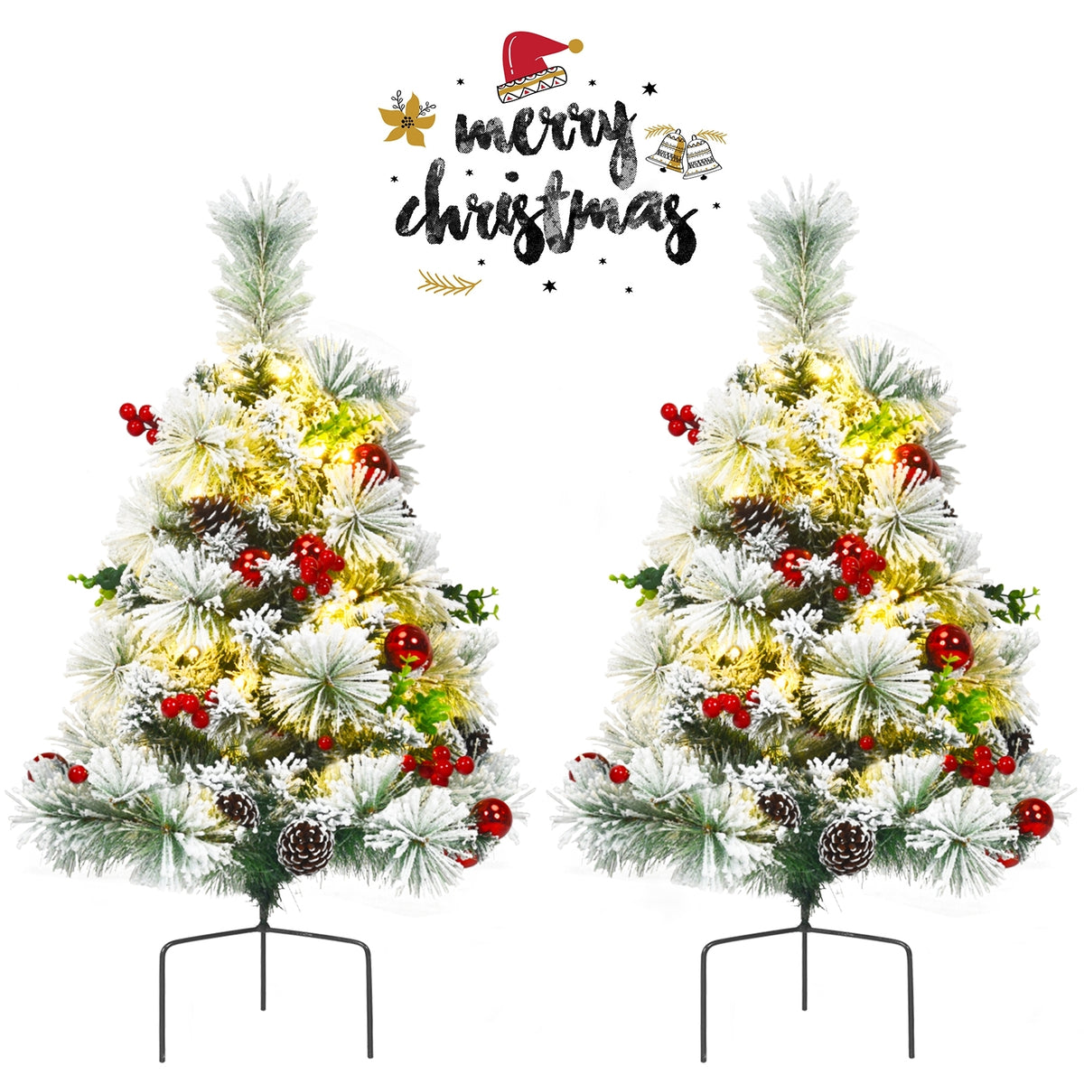 2 Feet Set of 2 Pre-Lit Flocked Christmas Trees, Green Christmas Decor & Accessories at Gallery Canada