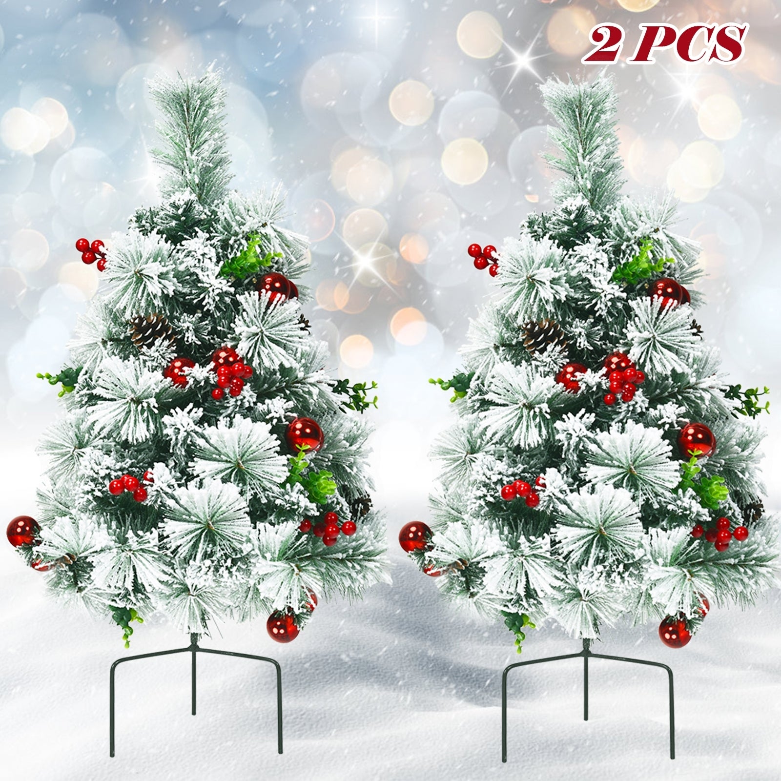 2 Feet Set of 2 Pre-Lit Flocked Christmas Trees, Green Christmas Decor & Accessories at Gallery Canada
