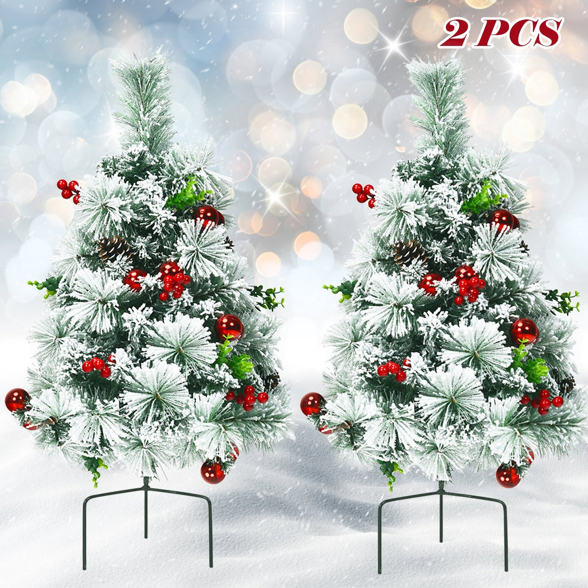 2 Feet Set of 2 Pre-Lit Flocked Christmas Trees, Green Christmas Decor & Accessories at Gallery Canada