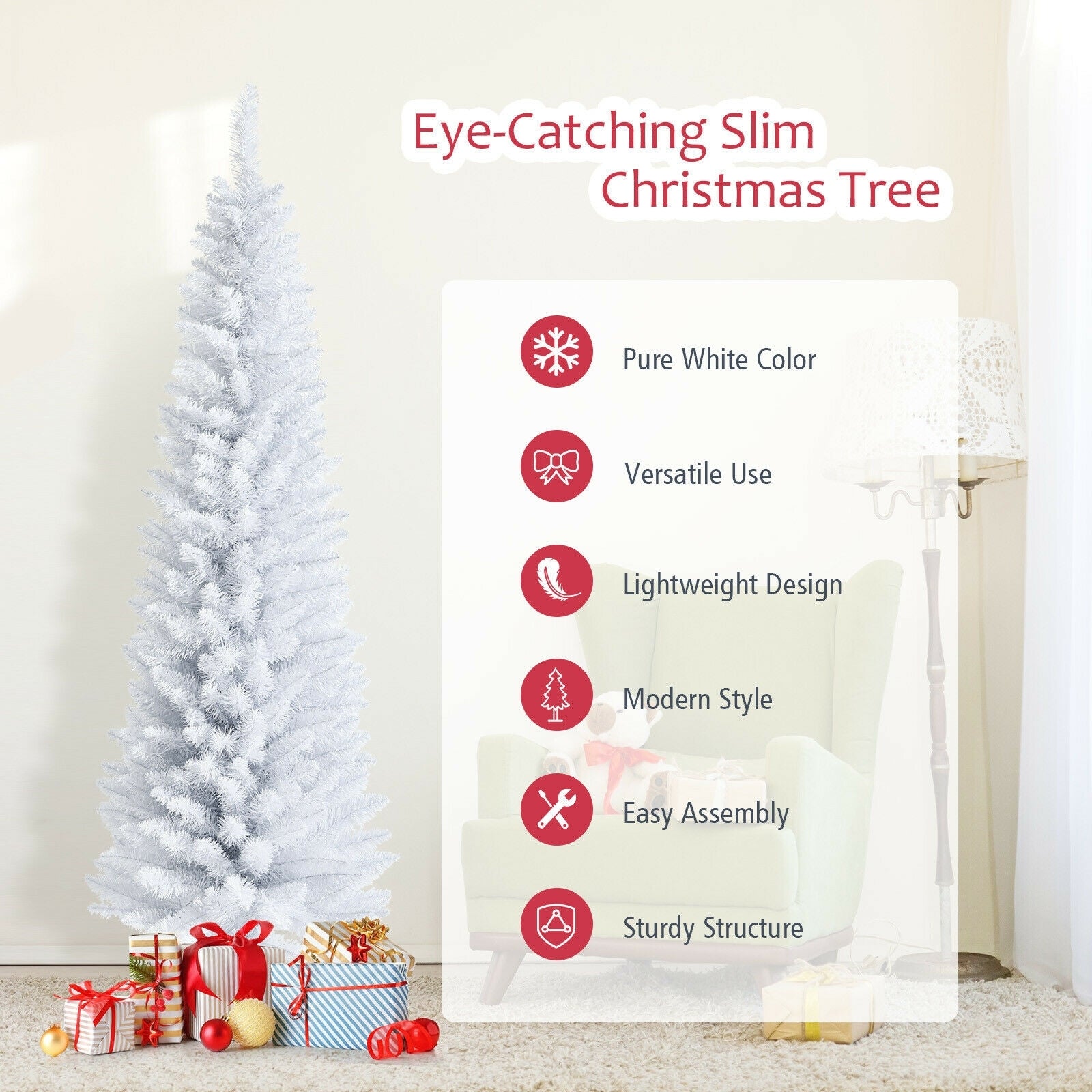 6 Feet Unlit Slim Pencil Christmas Tree, Metal Stand, White Christmas Tree at Gallery Canada