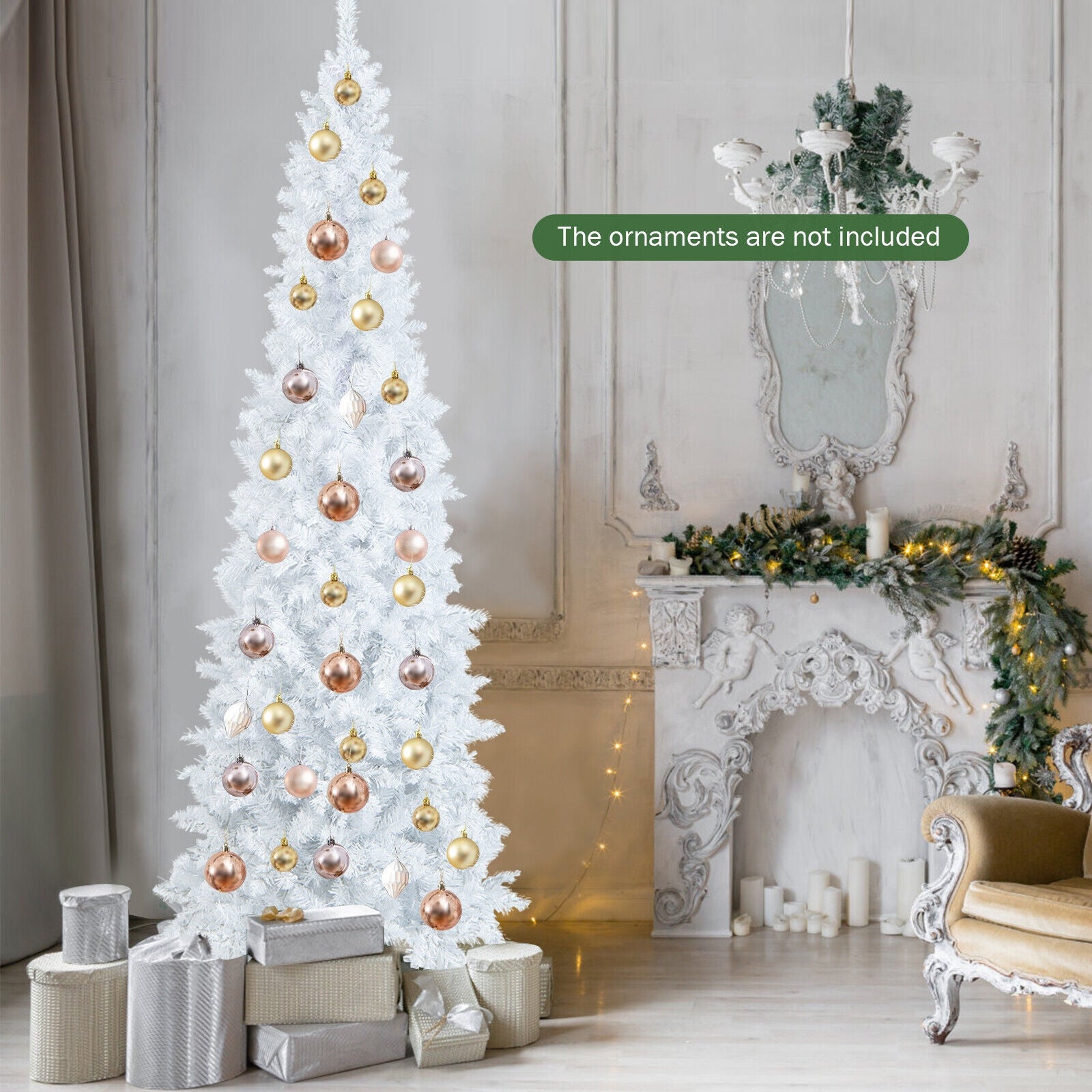 7 Feet Pre-Lit Pencil Christmas Tree, 300 LED Lights, 8 Flash Modes, White Christmas Tree at Gallery Canada