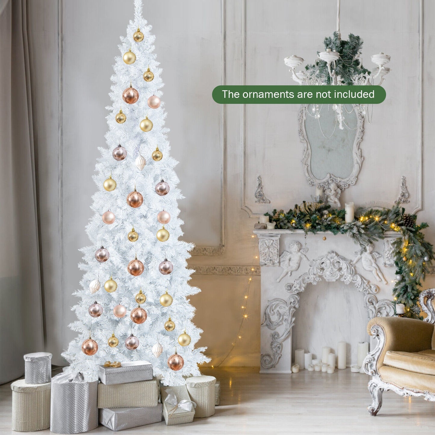 7 Feet Pre-Lit Pencil Christmas Tree, 300 LED Lights, 8 Flash Modes, White Christmas Tree at Gallery Canada