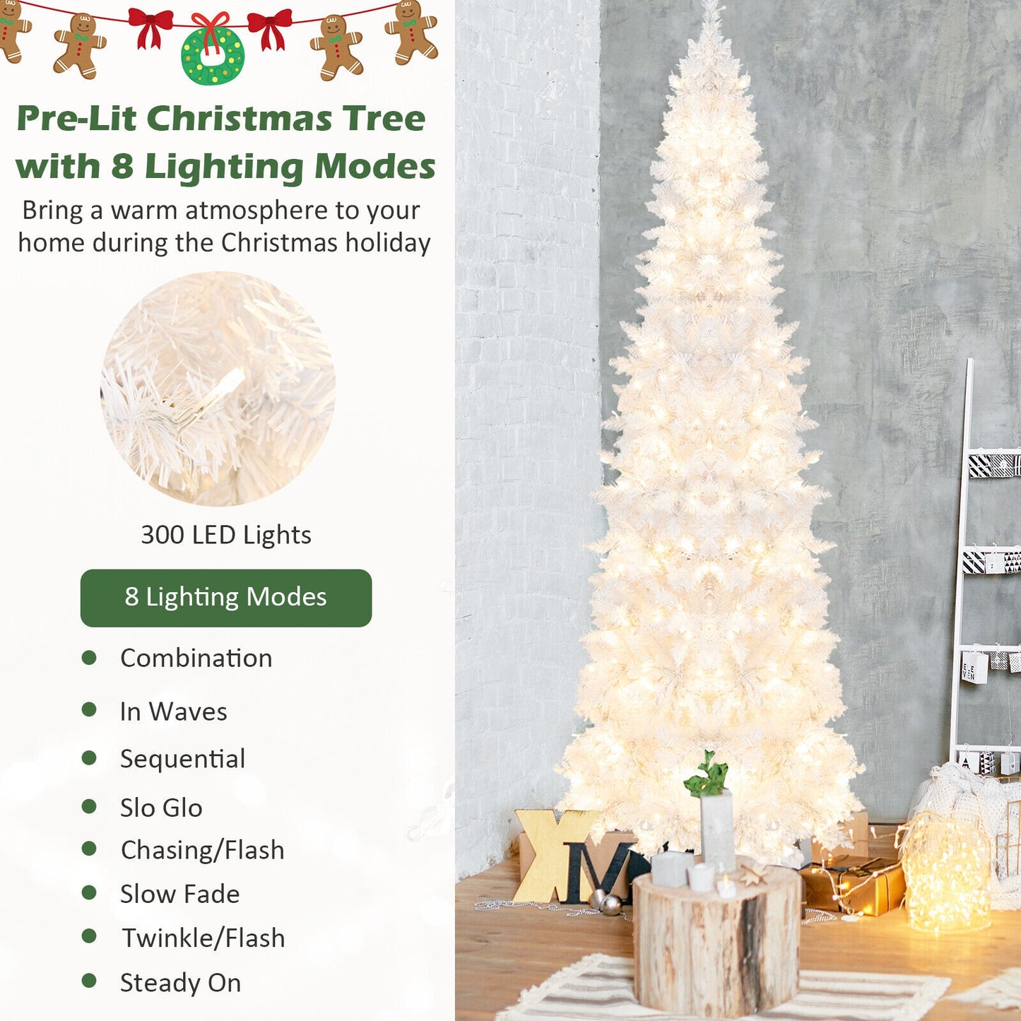 7 Feet Pre-Lit Pencil Christmas Tree, 300 LED Lights, 8 Flash Modes, White Christmas Tree at Gallery Canada