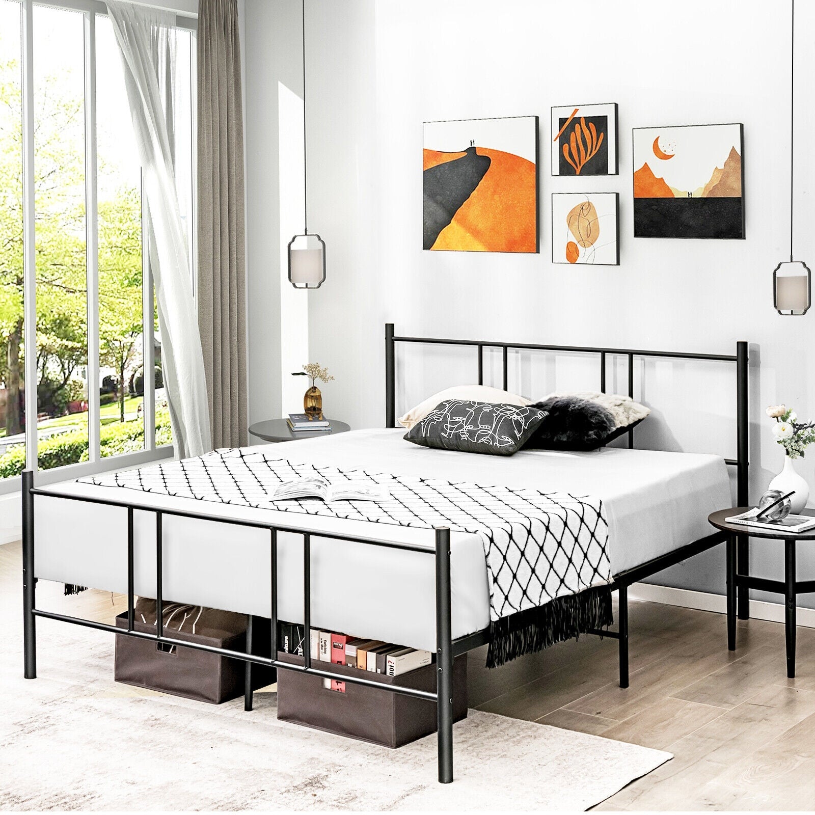 Full Queen Size Platform Bed Frame, High Headboard, Black Simple Bed Frame at Gallery Canada