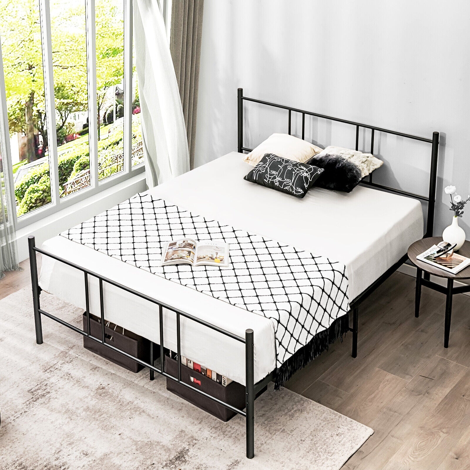 Full Queen Size Platform Bed Frame, High Headboard, Black Simple Bed Frame at Gallery Canada