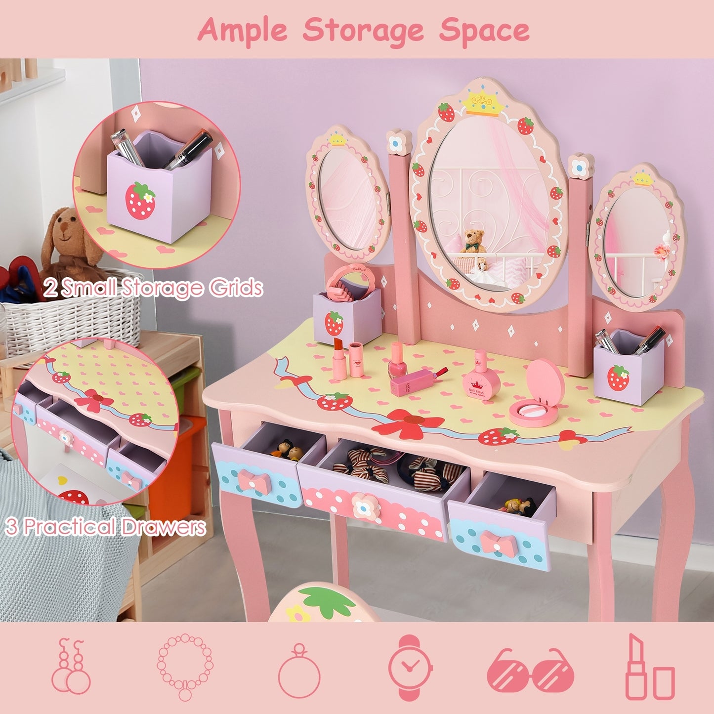 Kids Vanity Princess Makeup Dressing Table Chair Set, Pink Kids Vanities at Gallery Canada