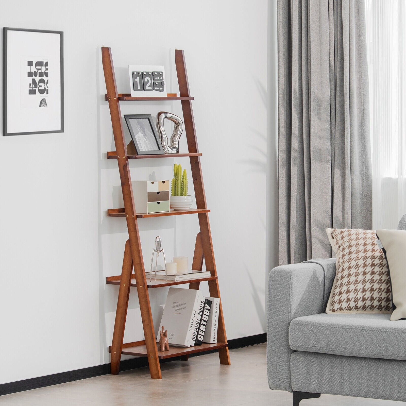 5-Tier Bamboo Ladder Shelf, Brown Bookcases at Gallery Canada