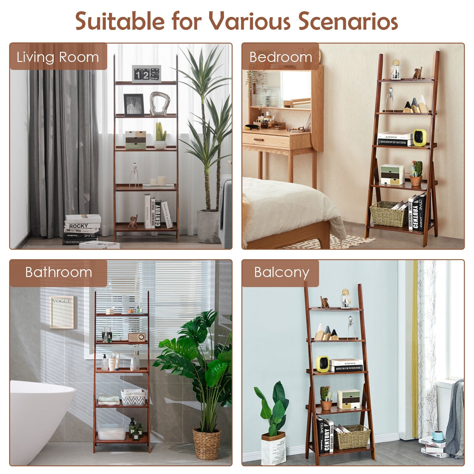 5-Tier Bamboo Ladder Shelf, Brown Bookcases at Gallery Canada