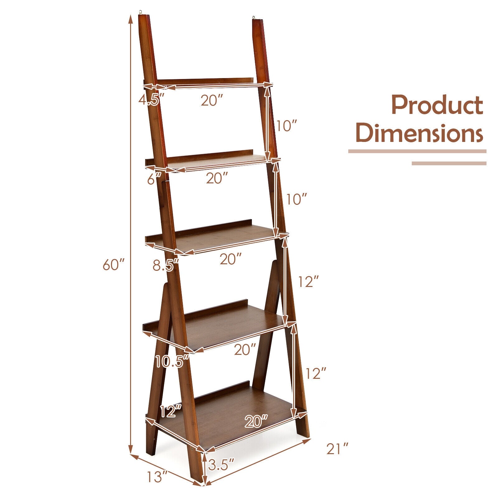 5-Tier Bamboo Ladder Shelf, Brown Bookcases at Gallery Canada