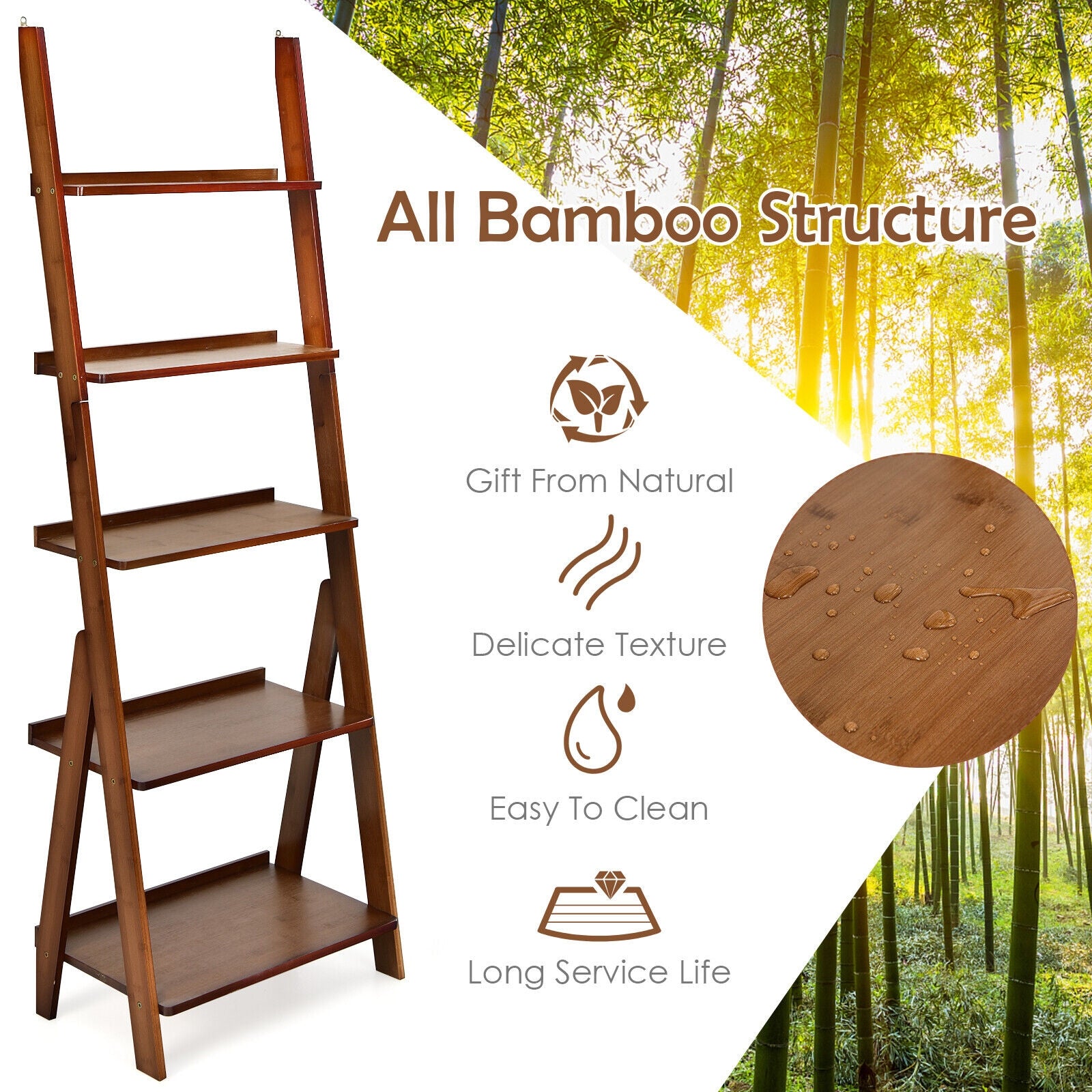 5-Tier Bamboo Ladder Shelf, Brown Bookcases at Gallery Canada