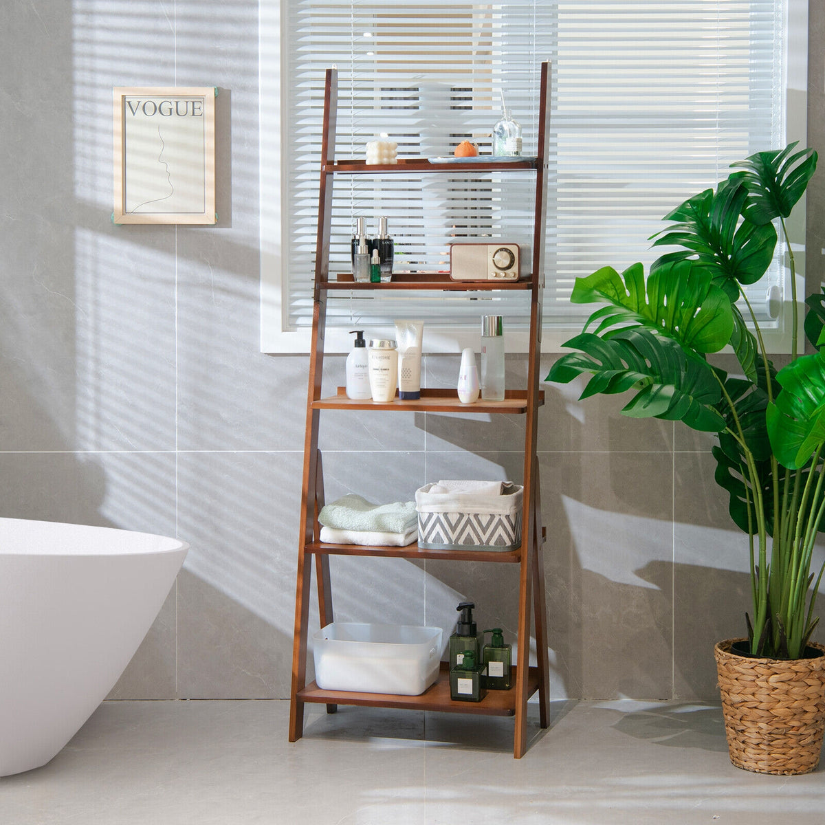 5-Tier Bamboo Ladder Shelf, Brown Bookcases at Gallery Canada