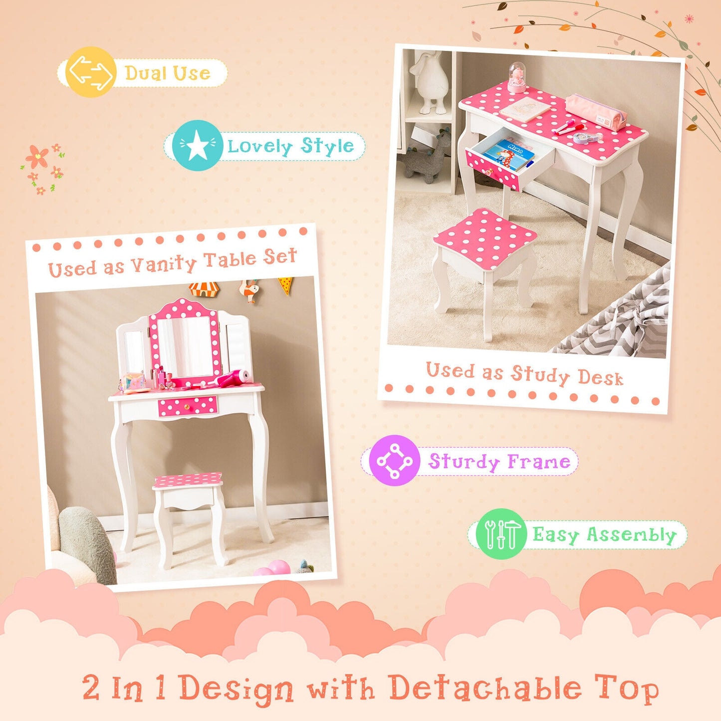 Kids Vanity Table And Stool Set, Polka Dot Print, Pink Kids Vanities at Gallery Canada