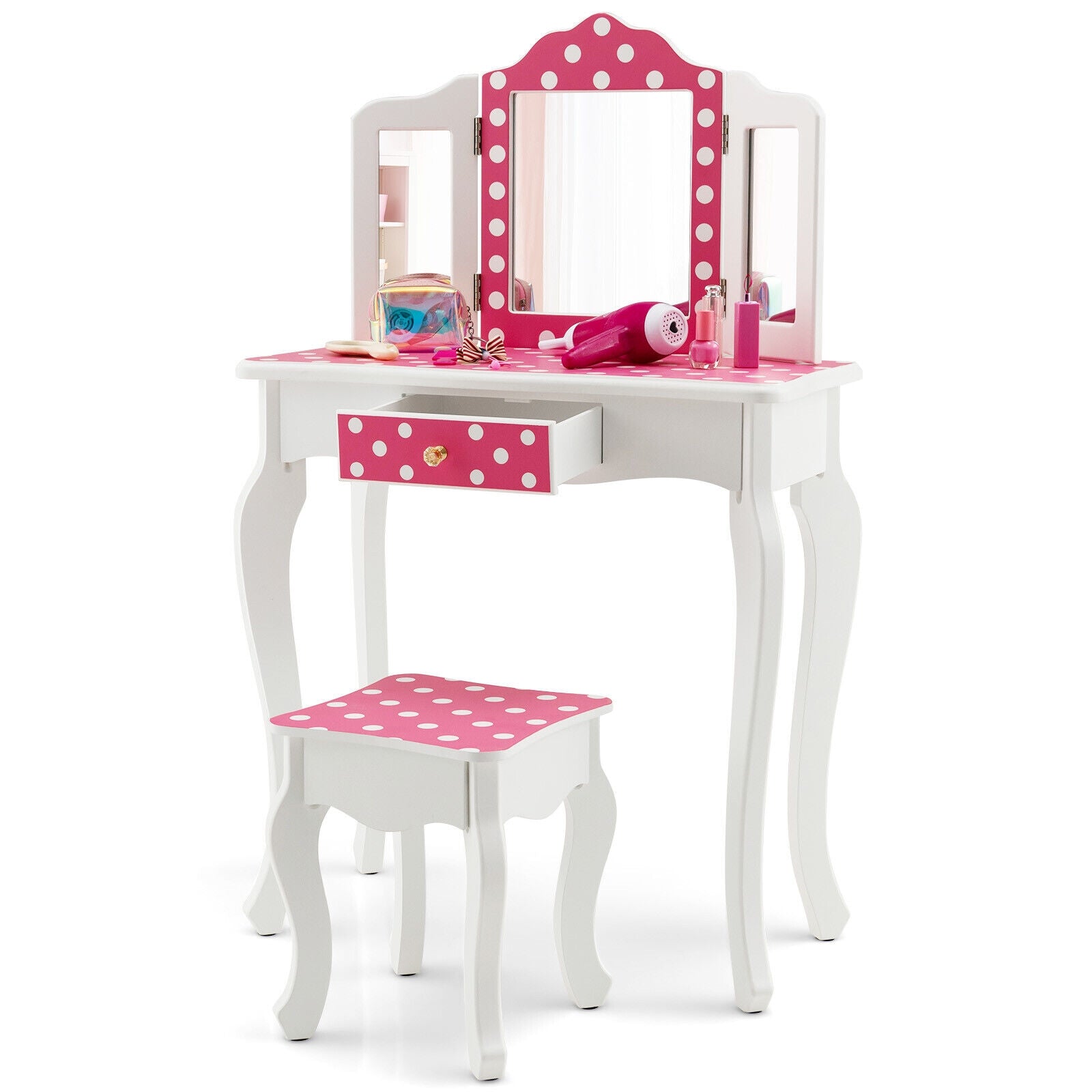 Kids Vanity Table And Stool Set, Polka Dot Print, Pink Kids Vanities at Gallery Canada