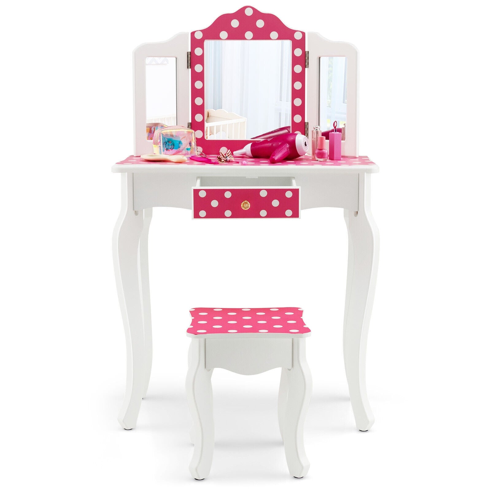 Kids Vanity Table And Stool Set, Polka Dot Print, Pink Kids Vanities at Gallery Canada