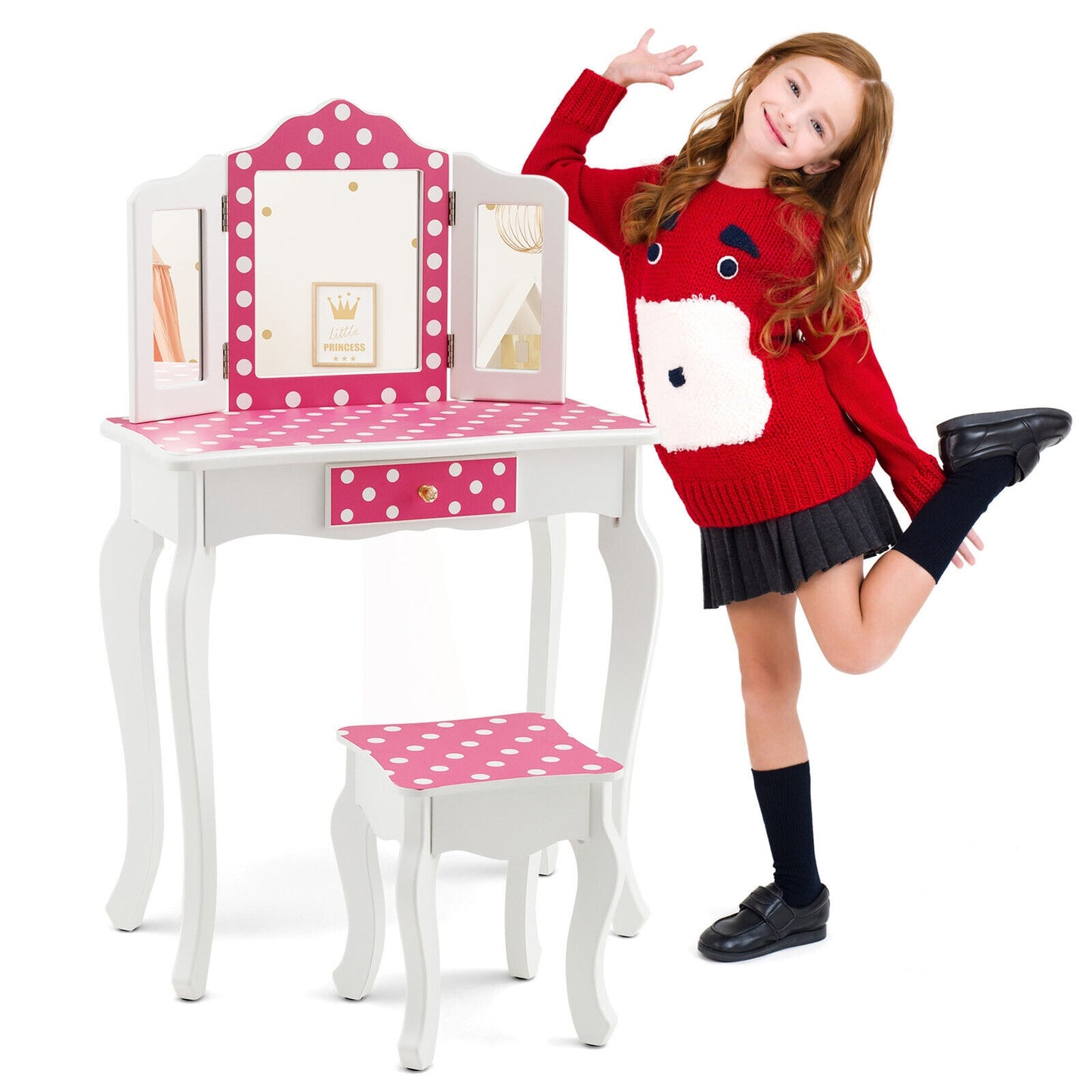 Kids Vanity Table And Stool Set, Polka Dot Print, Pink Kids Vanities at Gallery Canada