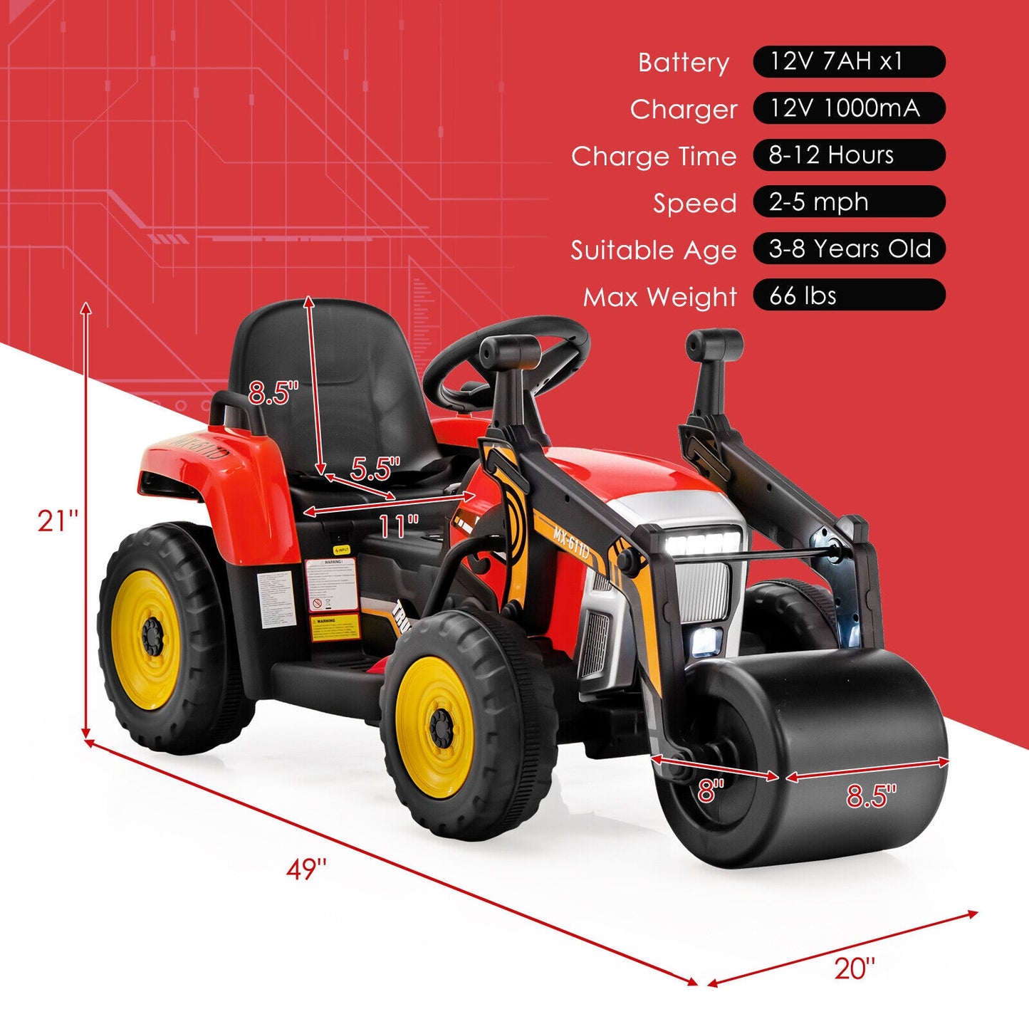 12V Kids Ride On Road Roller, 2.4G Remote Control, Red Powered Ride On Toys at Gallery Canada