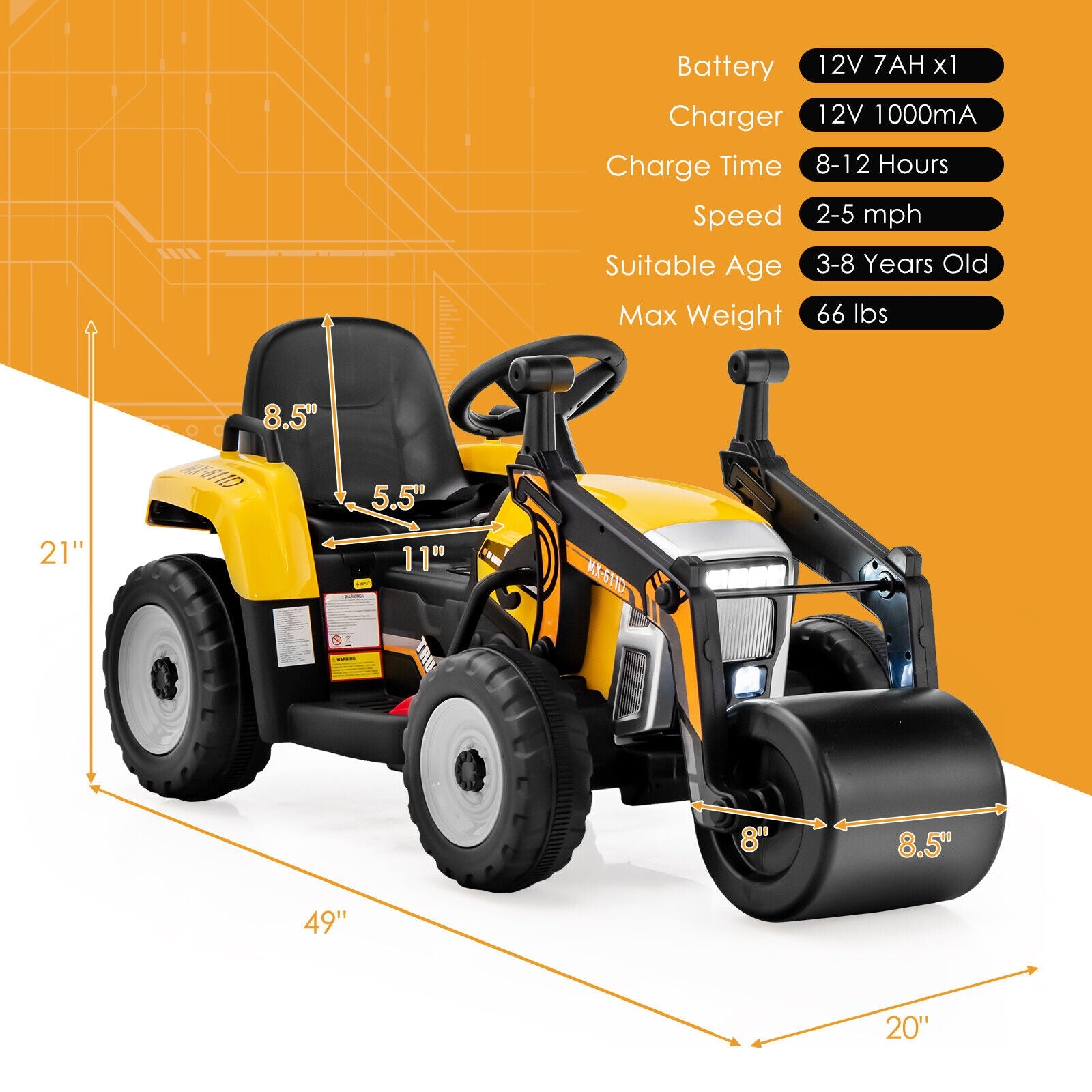 12V Kids Ride On Road Roller, 2.4G Remote Control, Yellow Powered Ride On Toys at Gallery Canada