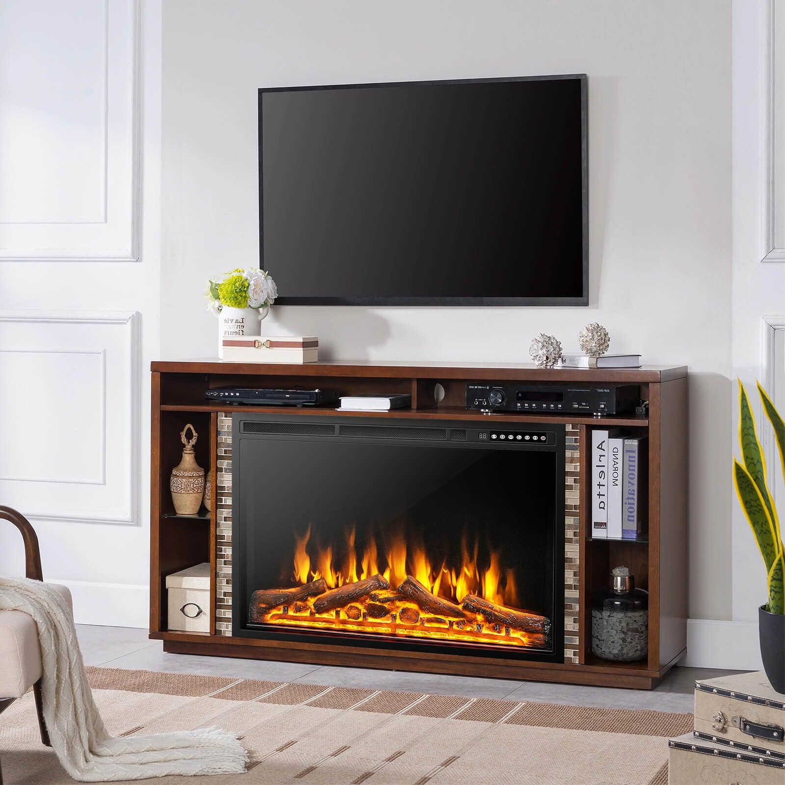 34/37 Inch Electric Fireplace, Adjustable Flames, Black Fireplaces at Gallery Canada