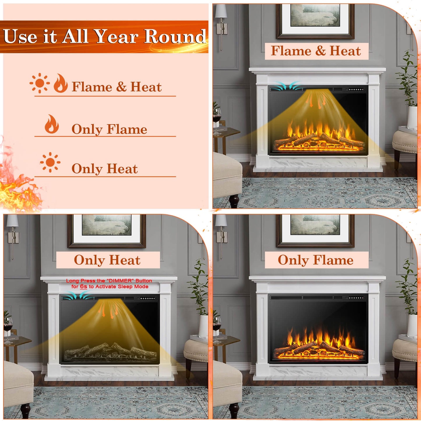 34/37 Inch Electric Fireplace, Adjustable Flames, Black Fireplaces at Gallery Canada