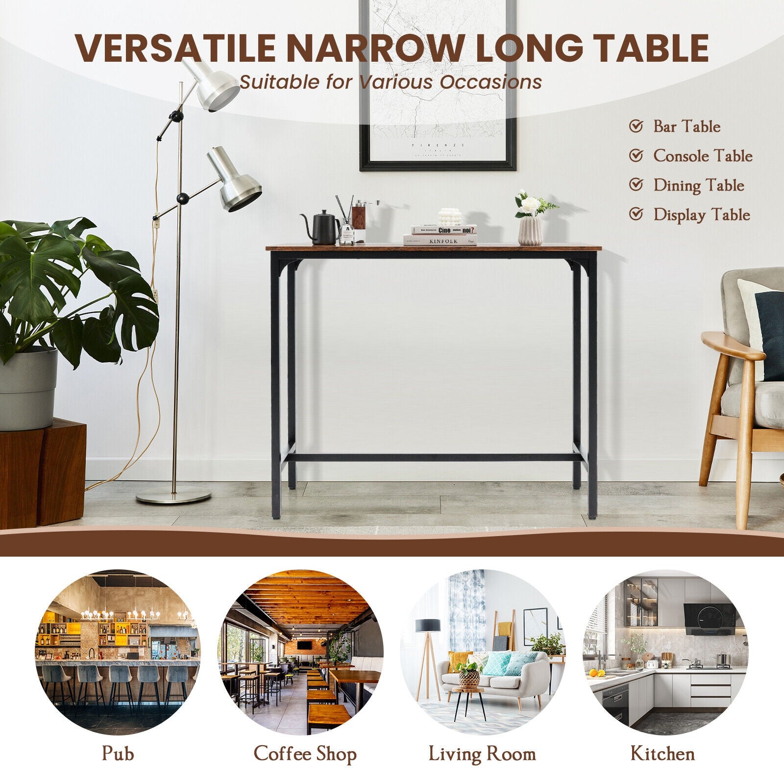 48 Inch Industrial Pub Dining Table, Steel Frame, Rustic Brown Dining Tables at Gallery Canada