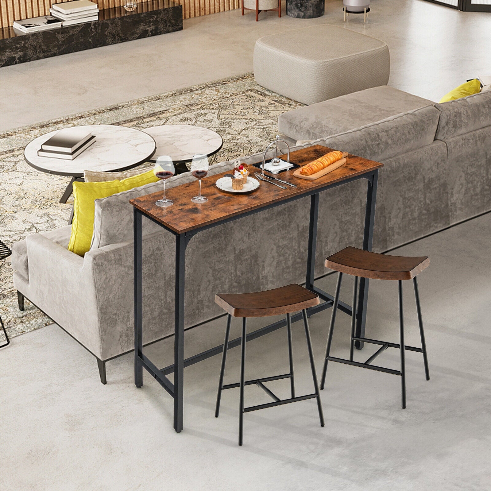 48 Inch Industrial Pub Dining Table, Steel Frame, Rustic Brown Dining Tables at Gallery Canada
