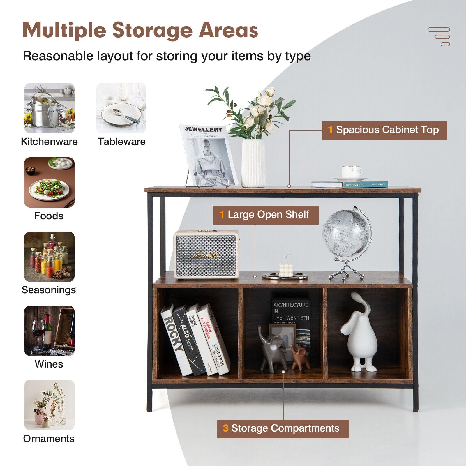 Modern Kitchen Buffet Sideboard, 3 Compartments, Rustic Brown Sideboards Cabinets & Buffets at Gallery Canada