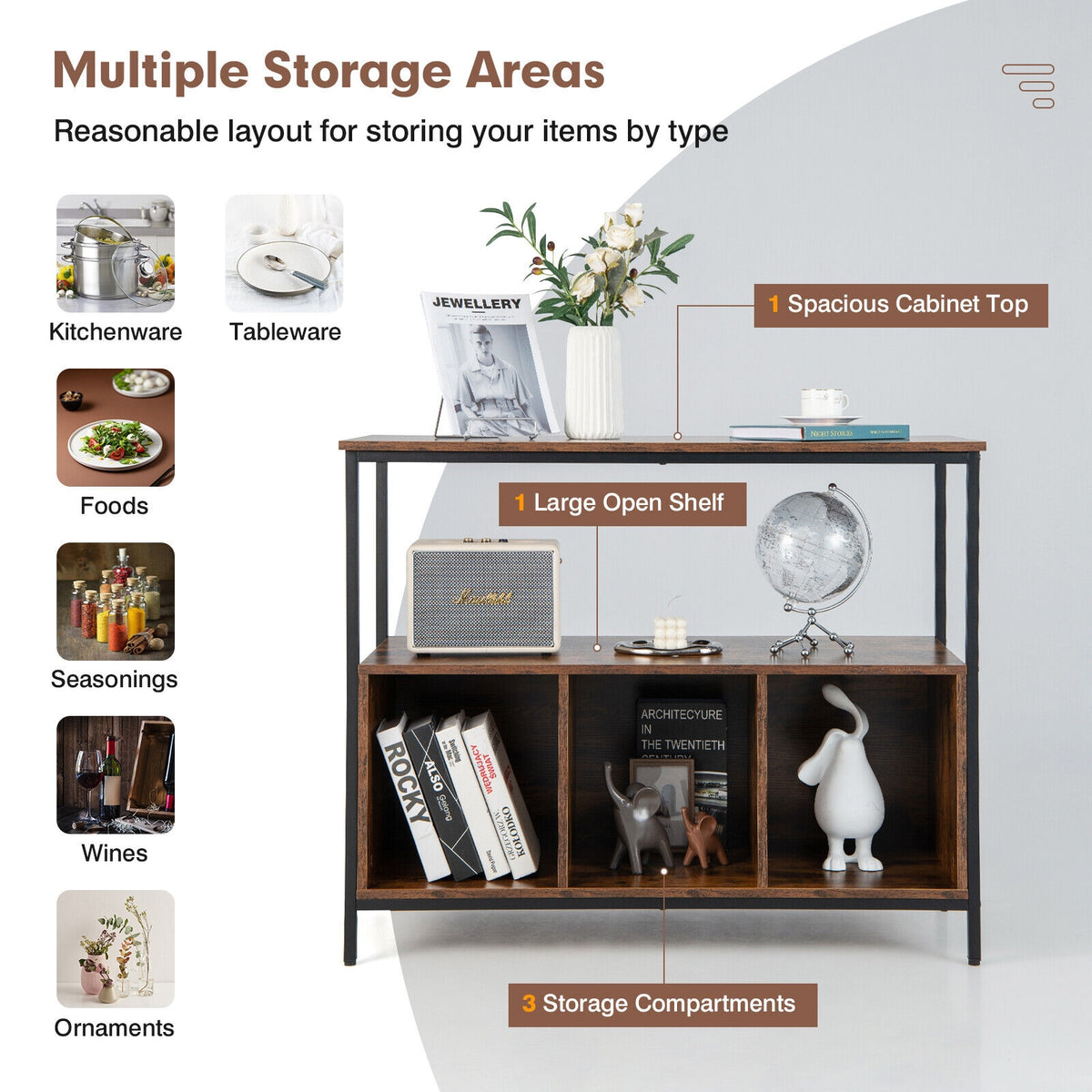 Modern Kitchen Buffet Sideboard, 3 Compartments, Rustic Brown Sideboards Cabinets & Buffets at Gallery Canada
