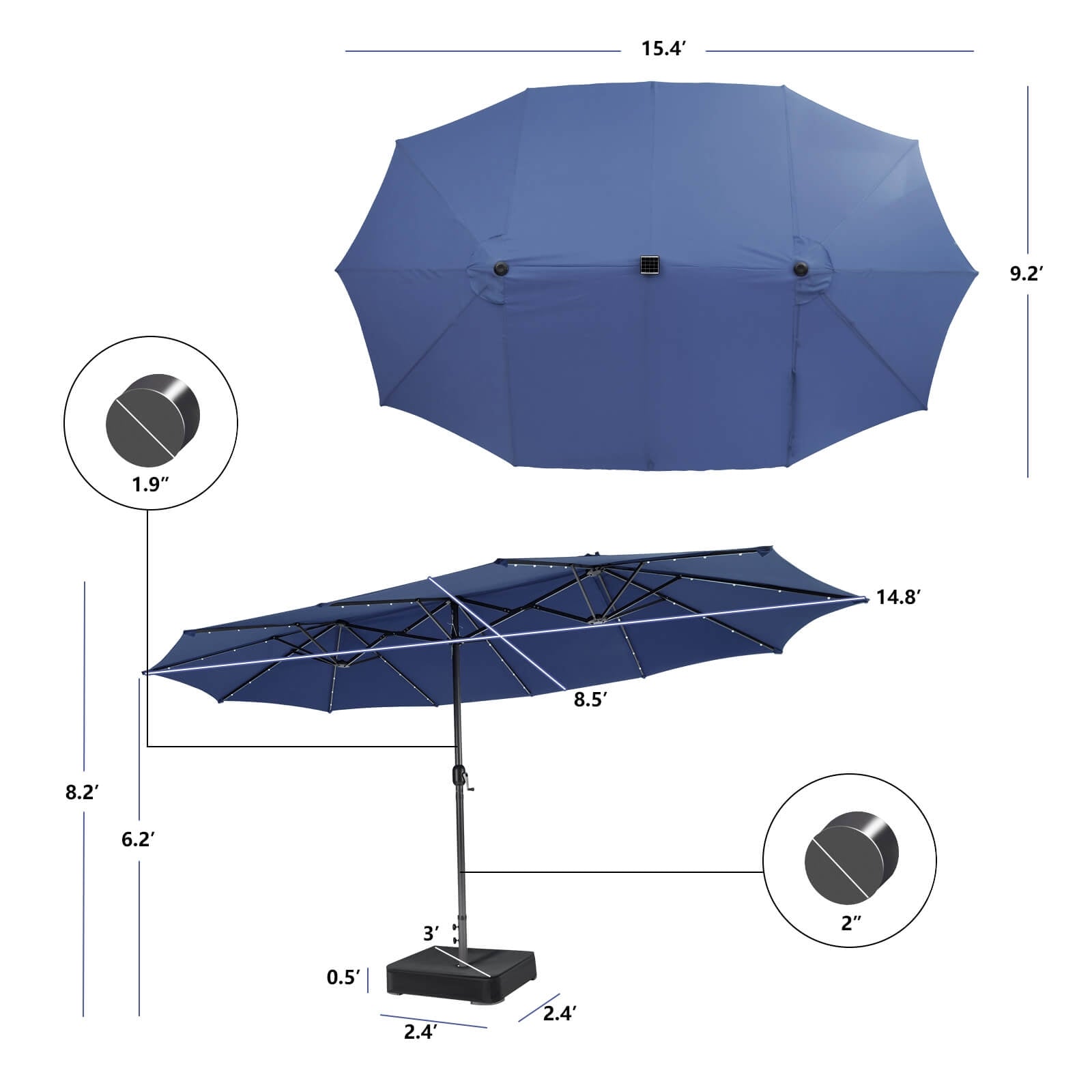 15 Feet Double-Sided Patio Umbrella, 48 LED Lights, Navy Outdoor Umbrellas at Gallery Canada