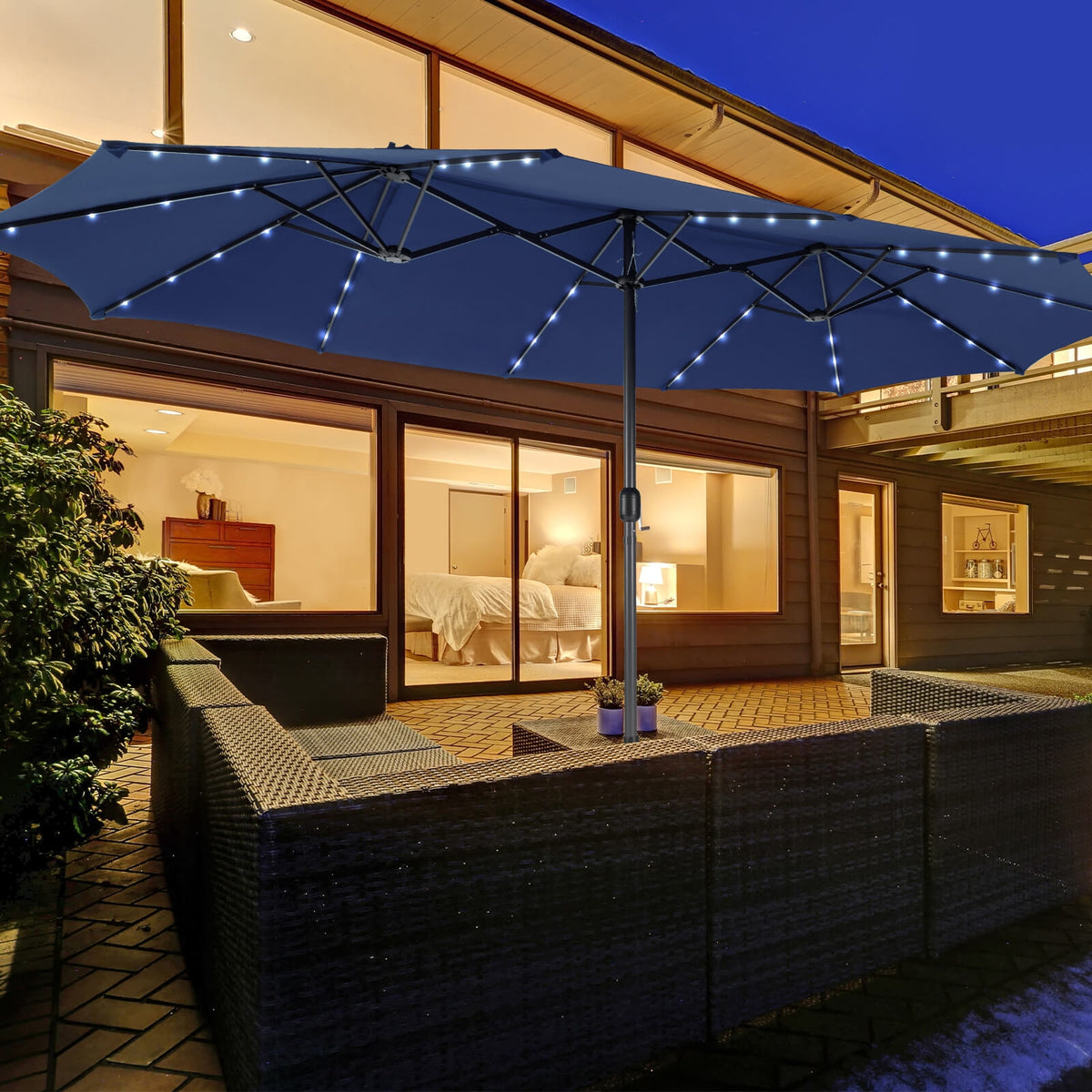 15 Feet Double-Sided Patio Umbrella, 48 LED Lights, Navy Outdoor Umbrellas at Gallery Canada