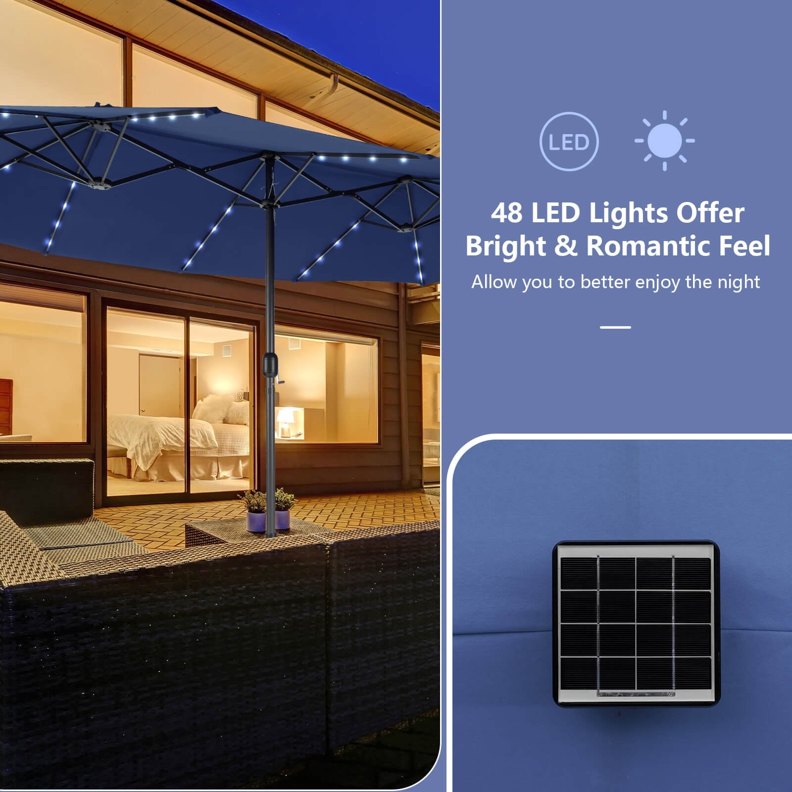 15 Feet Double-Sided Patio Umbrella, 48 LED Lights, Navy Outdoor Umbrellas at Gallery Canada