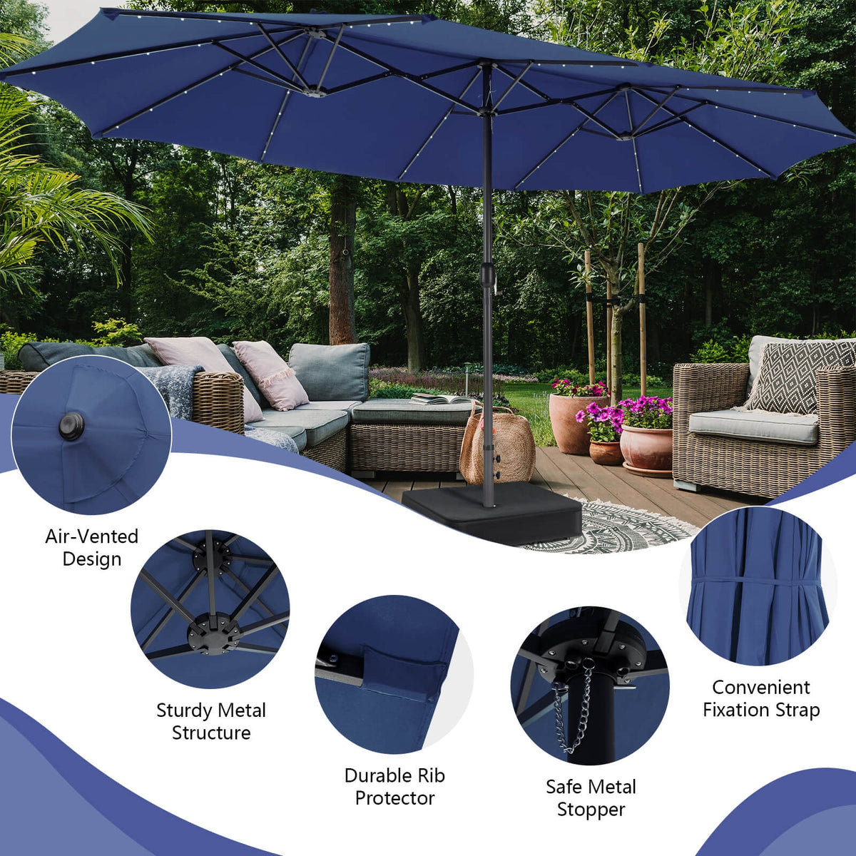 15 Feet Double-Sided Patio Umbrella, 48 LED Lights, Navy Outdoor Umbrellas at Gallery Canada