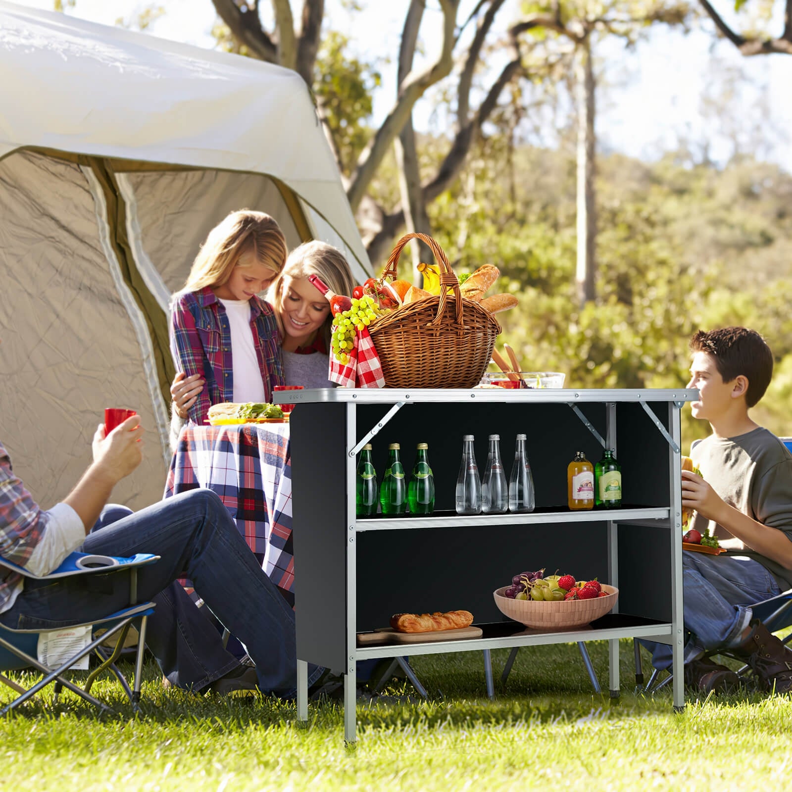 Folding Camping Table, 2-Tier Open Shelves, Outdoor BBQ, Black Camping Furniture at Gallery Canada