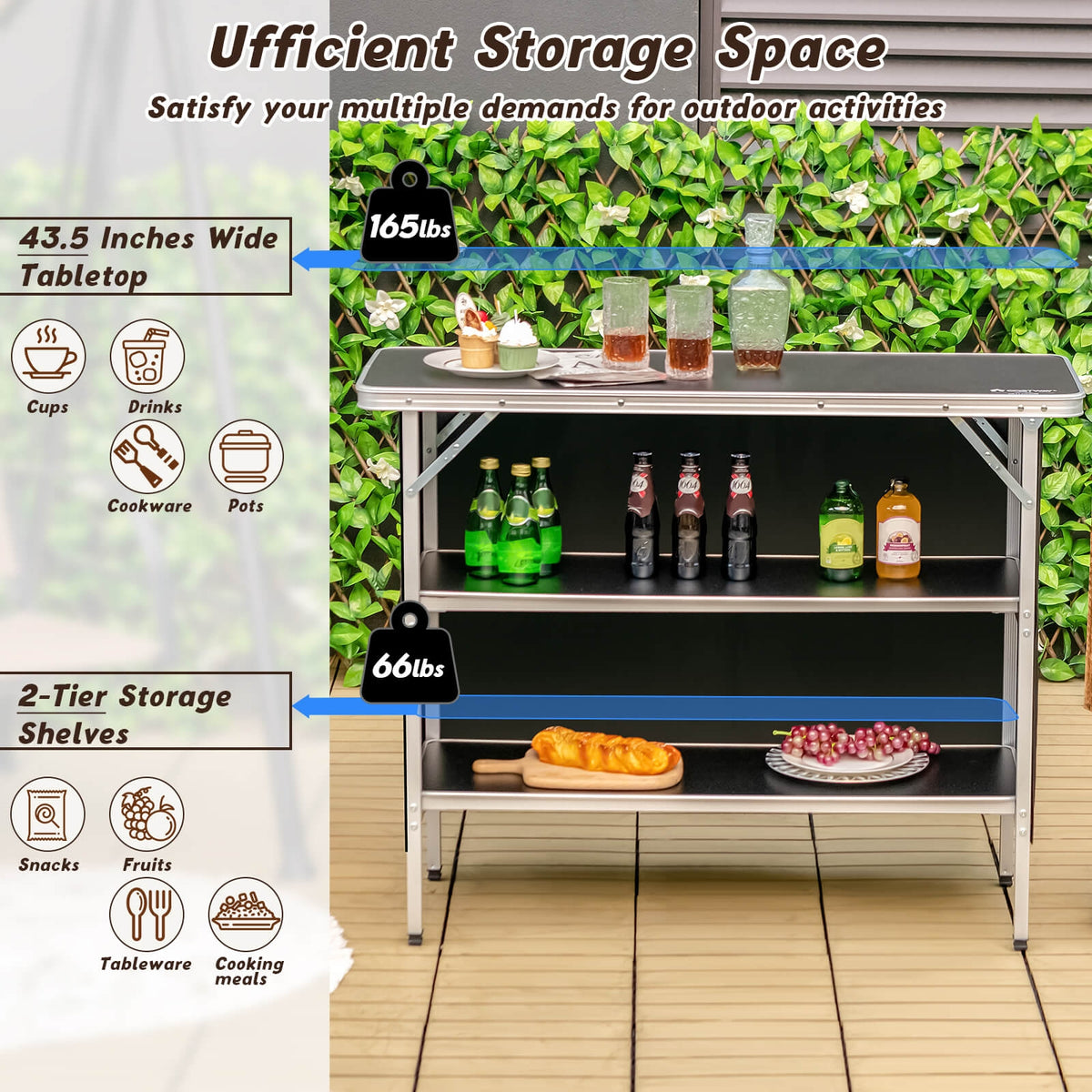 Folding Camping Table, 2-Tier Open Shelves, Outdoor BBQ, Black Camping Furniture at Gallery Canada