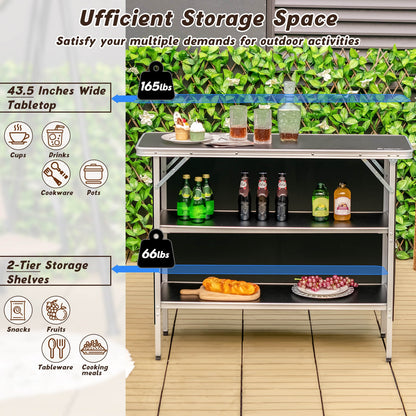 Folding Camping Table, 2-Tier Open Shelves, Outdoor BBQ, Black Camping Furniture at Gallery Canada