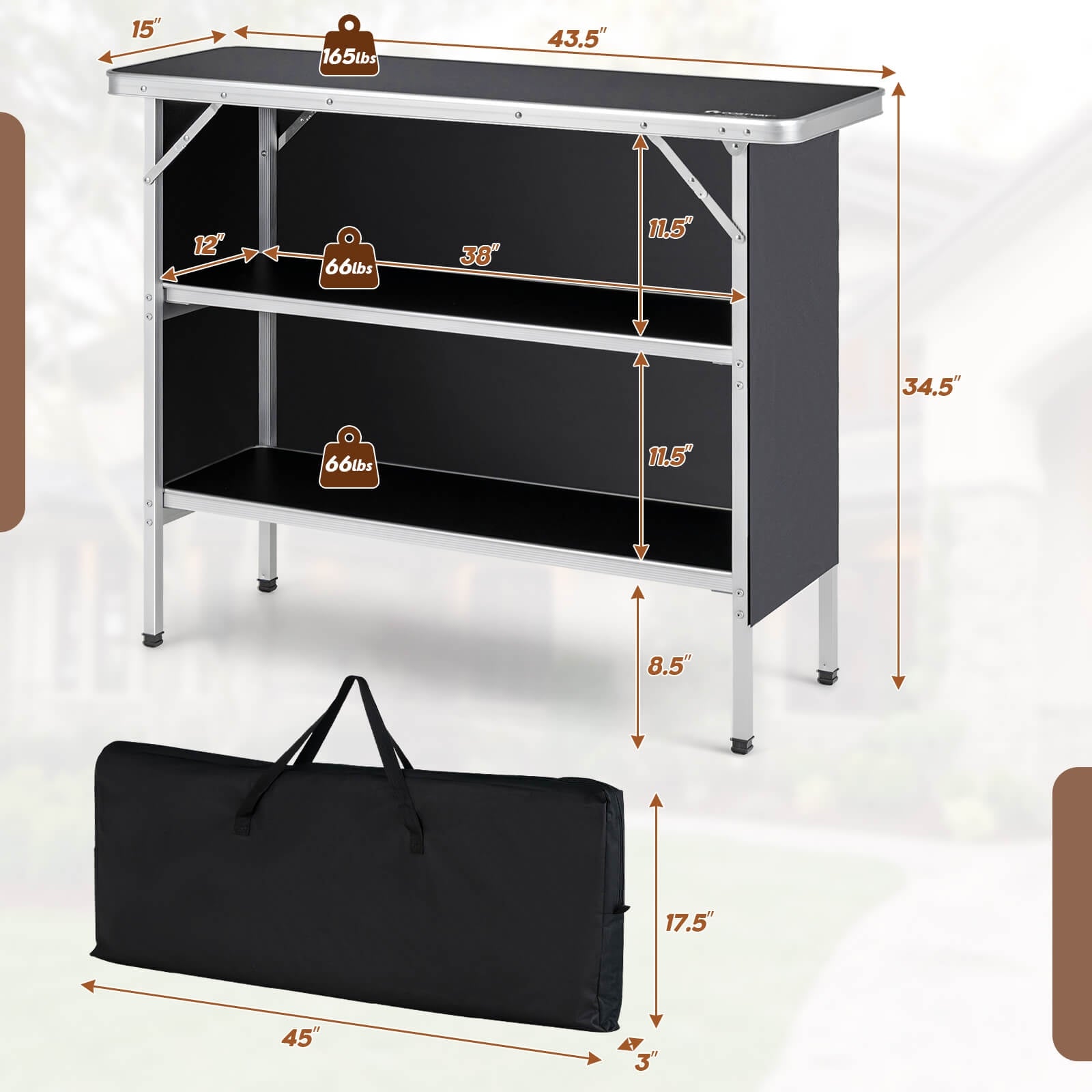 Folding Camping Table, 2-Tier Open Shelves, Outdoor BBQ, Black Camping Furniture at Gallery Canada