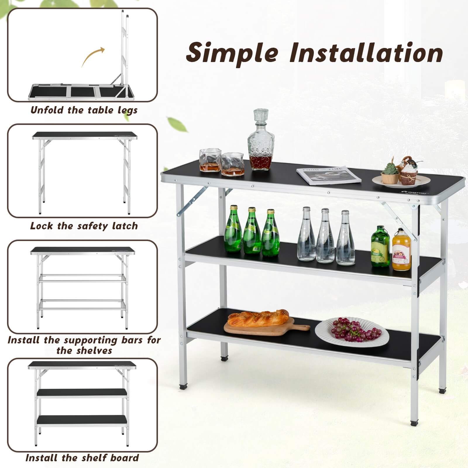 Folding Camping Table, 2-Tier Open Shelves, Outdoor BBQ, Black Camping Furniture at Gallery Canada