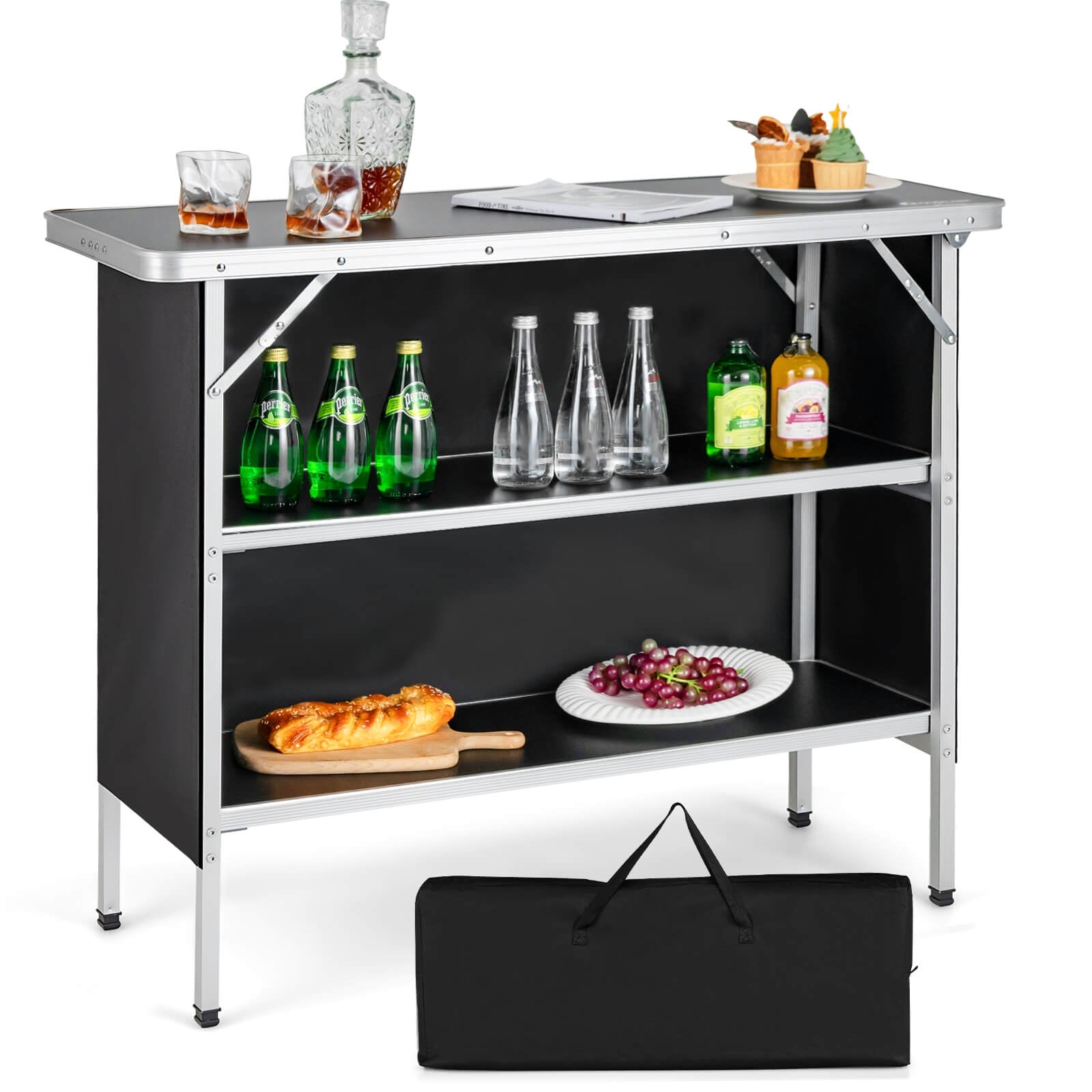 Folding Camping Table, 2-Tier Open Shelves, Outdoor BBQ, Black Camping Furniture at Gallery Canada