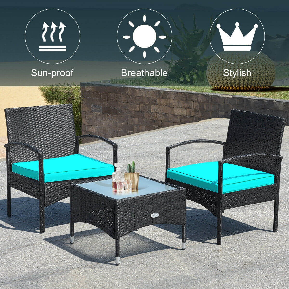 3 Piece Patio Wicker Rattan Furniture Set, Turquoise Patio Conversation Sets at Gallery Canada