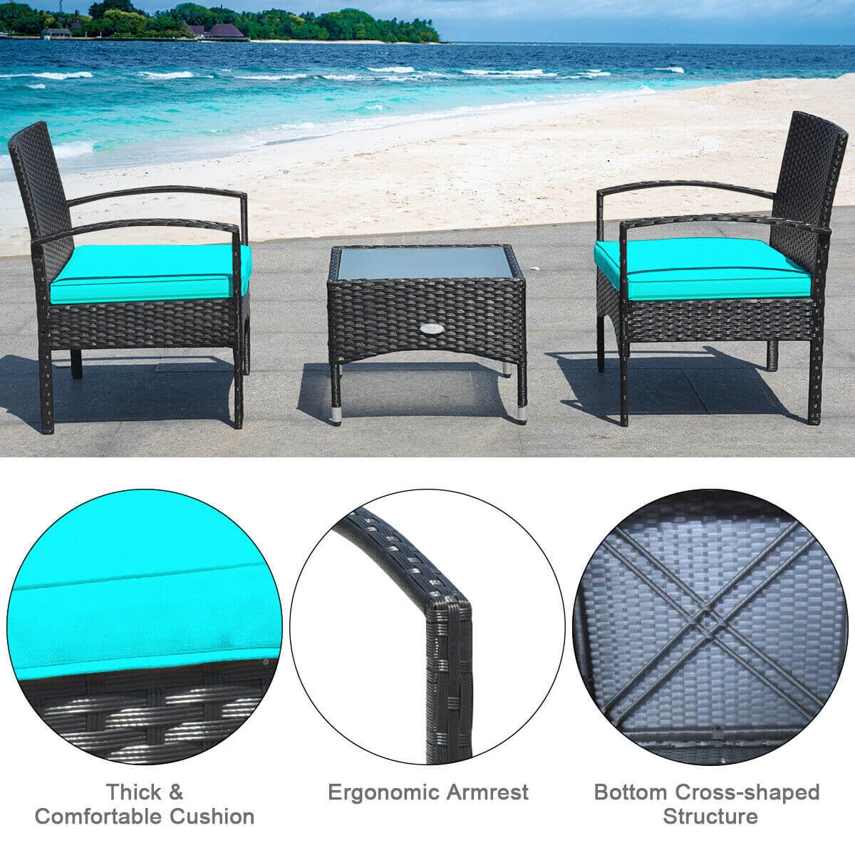 3 Piece Patio Wicker Rattan Furniture Set, Turquoise Patio Conversation Sets at Gallery Canada