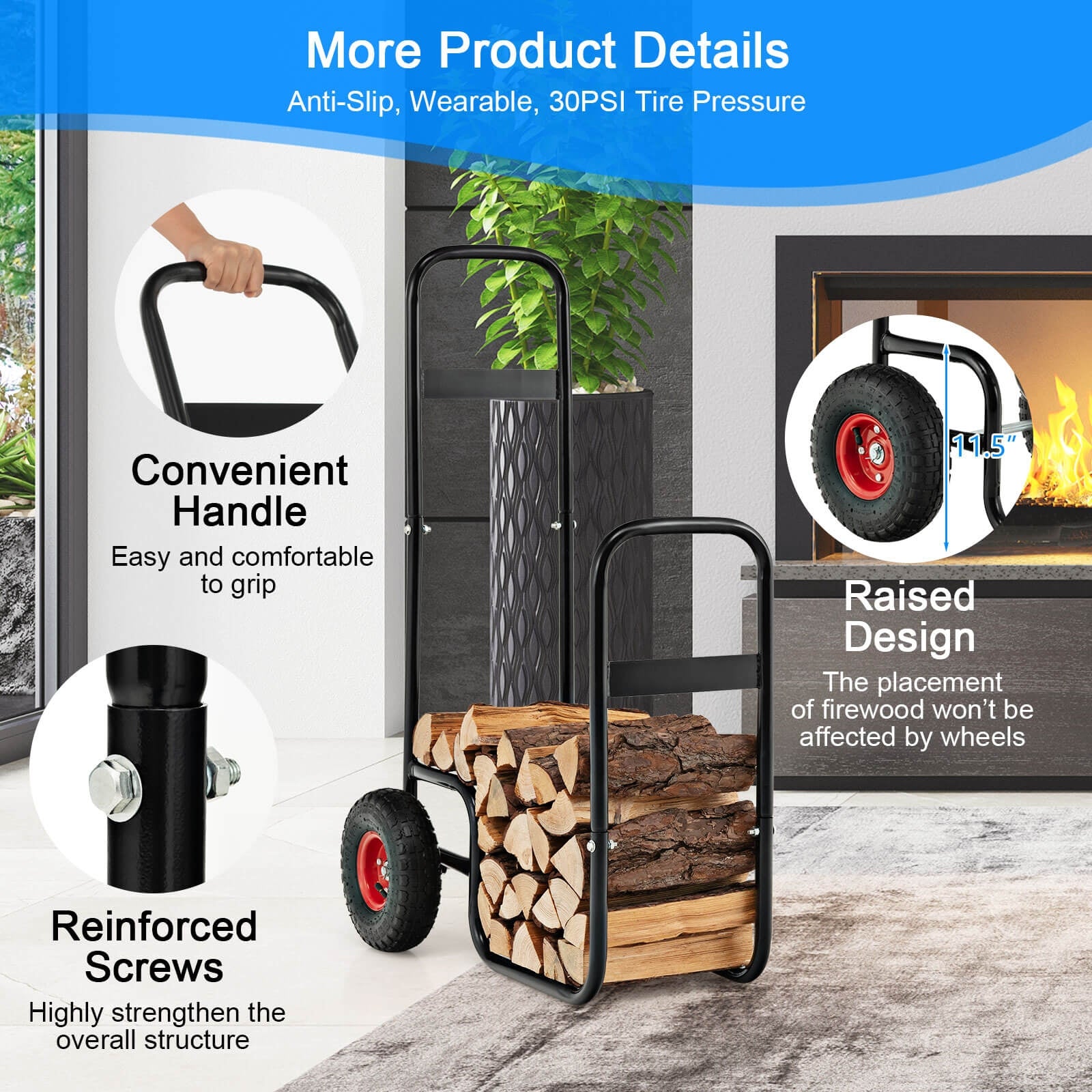 Firewood Log Cart Carrier, With Rubber Wheels, Black Log Storage at Gallery Canada