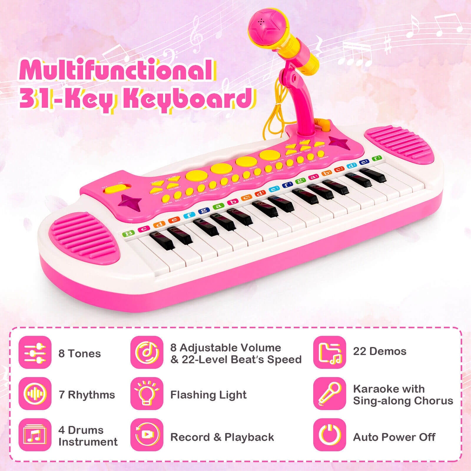 31-Key Kids Piano Keyboard Toy, With Microphone And Multiple Sounds, Pink Musical Toys at Gallery Canada