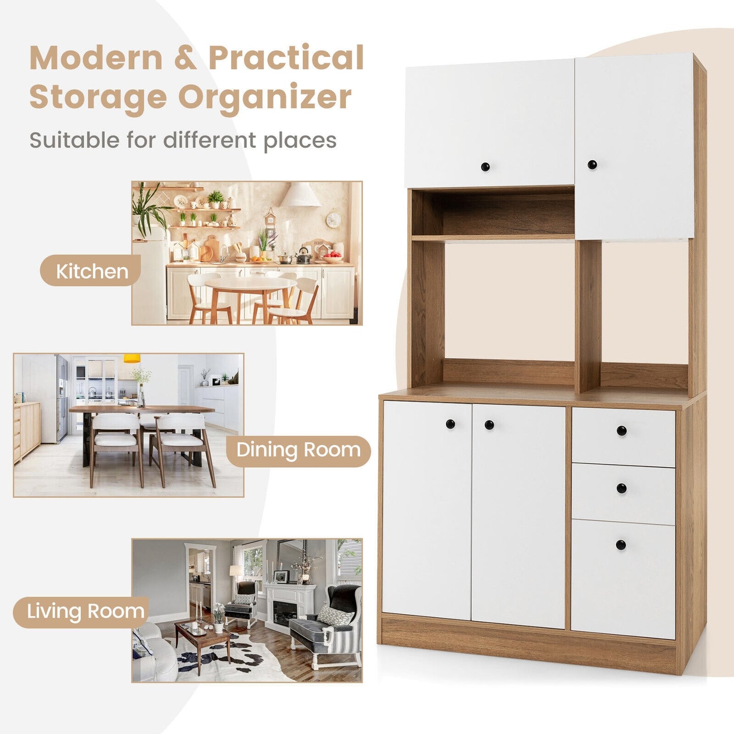 71 Inch Kitchen Pantry, 3 Storage Cabinet, 3 Deep Drawers, White Sideboards Cabinets & Buffets at Gallery Canada